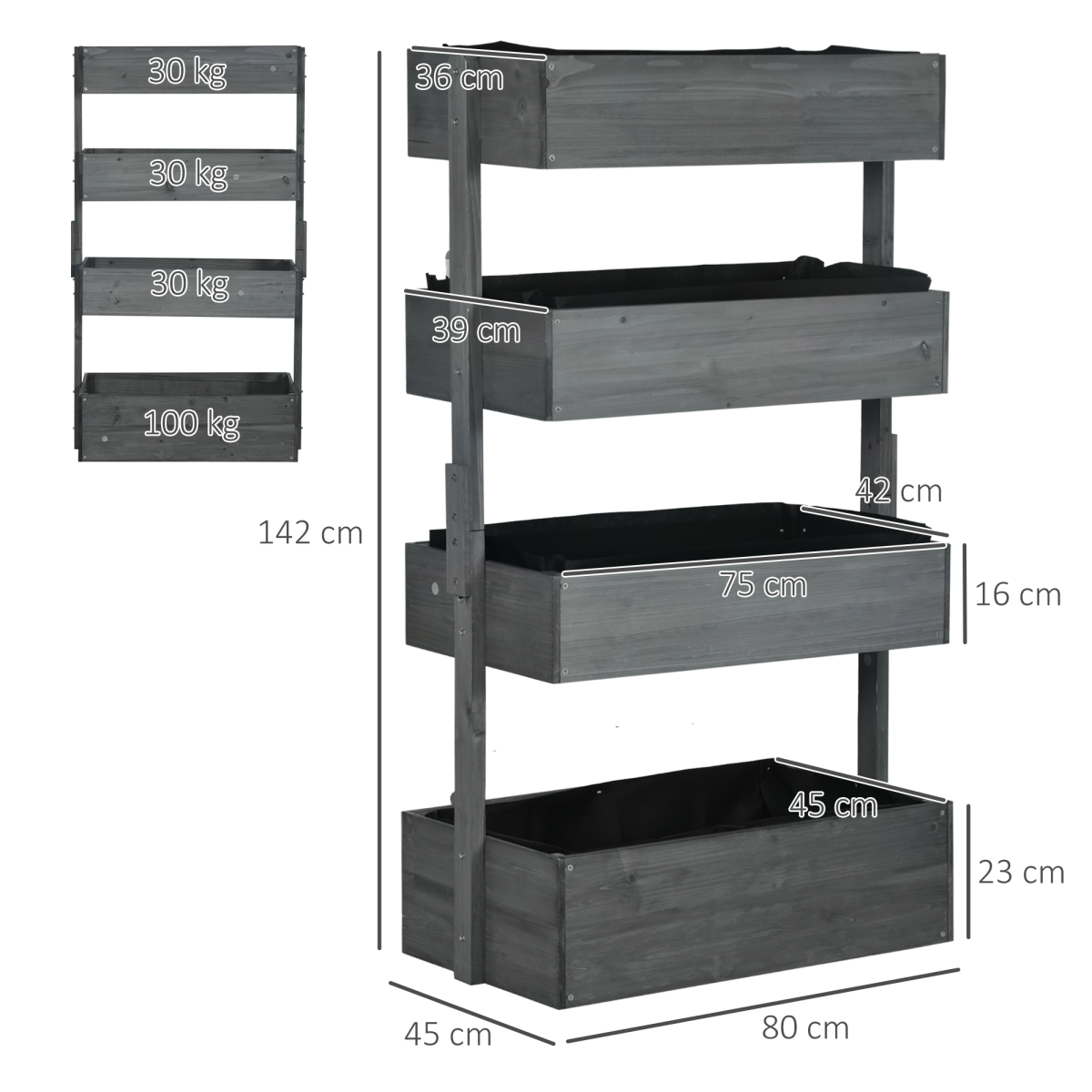 Outsunny Four-Tier Wooden Raised Garden Bed Plant Stand with Fabric Liners – Flower Display, Grey