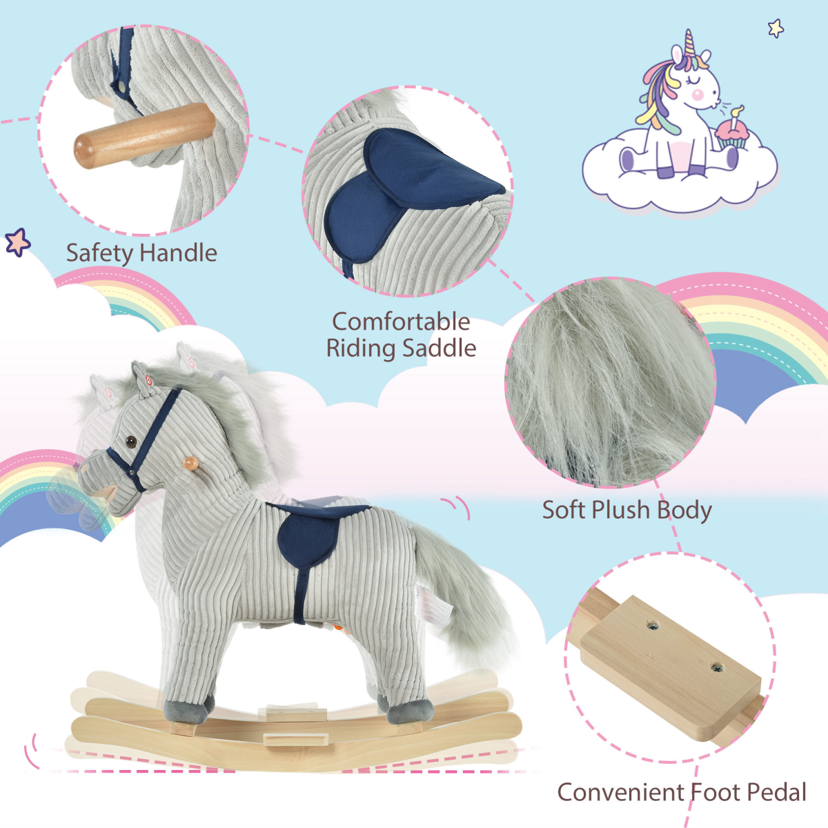 Kids Wooden Rocking Horse with Corduroy Finish, Footrest & Neighing Sounds – Traditional Ride-On, Grey