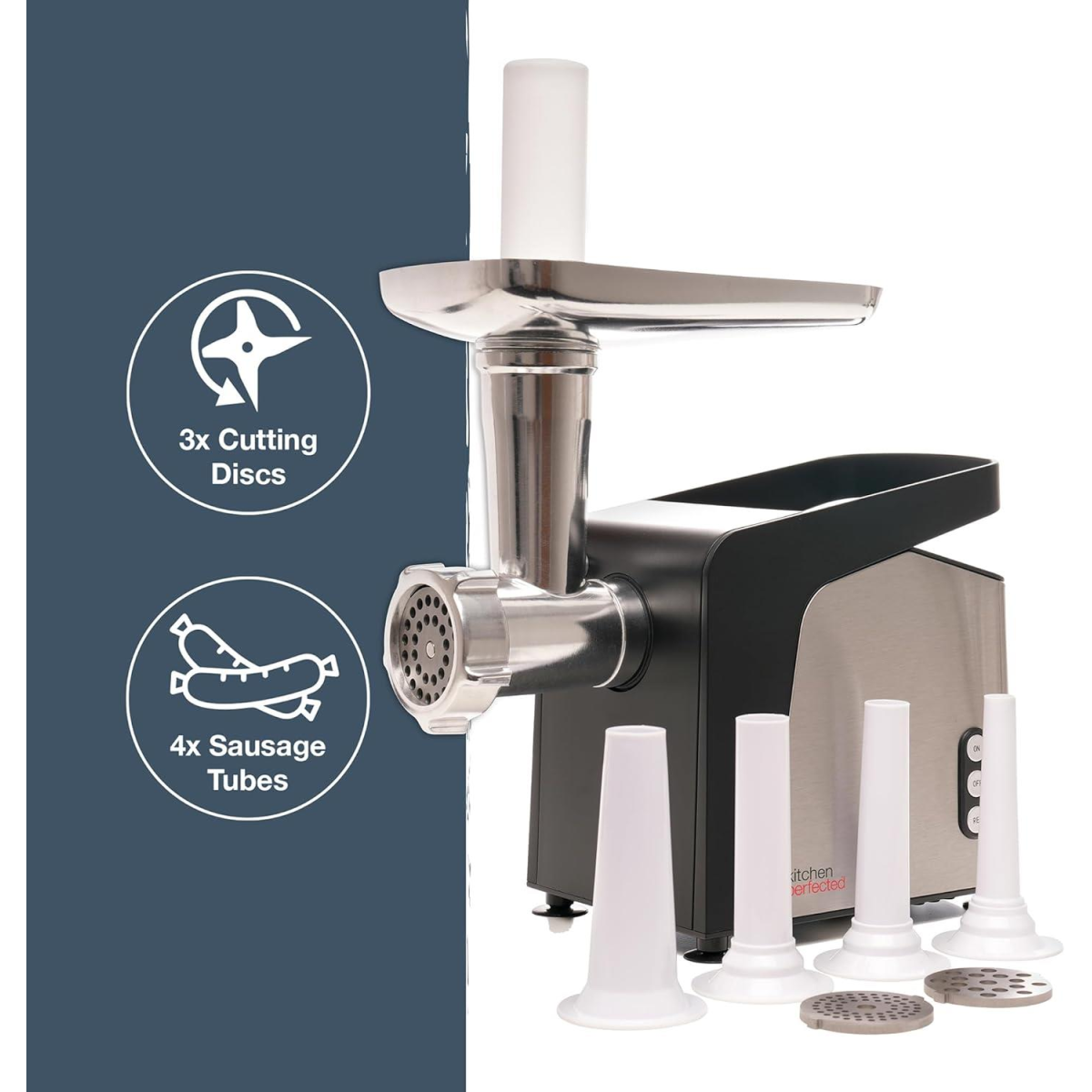 KitchenPerfected 1400W Meat Grinder with 3 Cutting Discs & Sausage Piping – Stainless Steel Cabinet