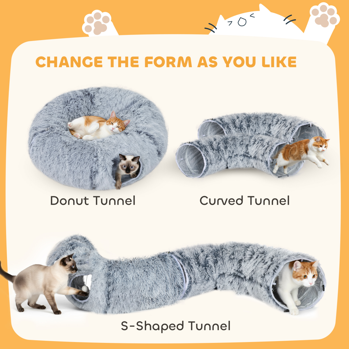 PawHut Donut Cat Play Tunnel Bed with Washable Cushion and Toy Ball – Foldable Pet Tunnel, Light Grey