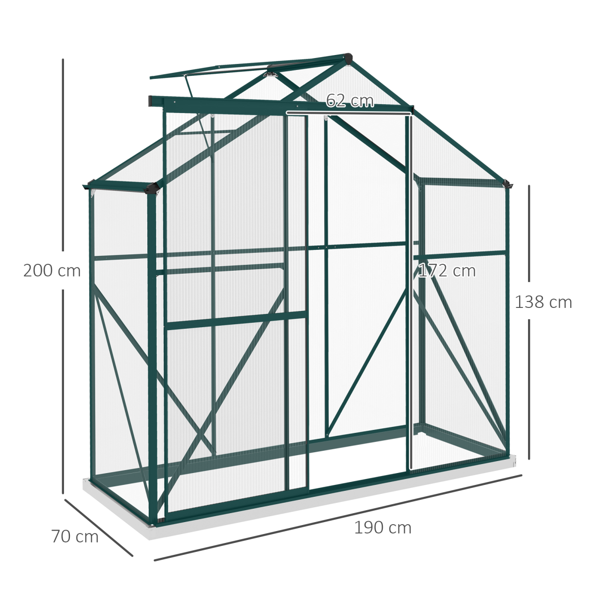 Outsunny 6 x 2.5ft Polycarbonate Greenhouse with Aluminium Frame & Sliding Door – Adjustable Vent, Green