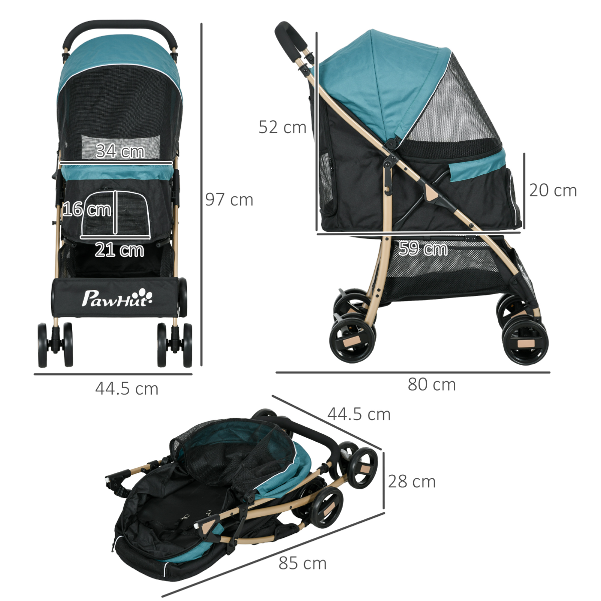 PawHut Foldable Pet Stroller for XS and S Dogs with Rain Cover, Mesh Windows & Storage Basket – Dark Green