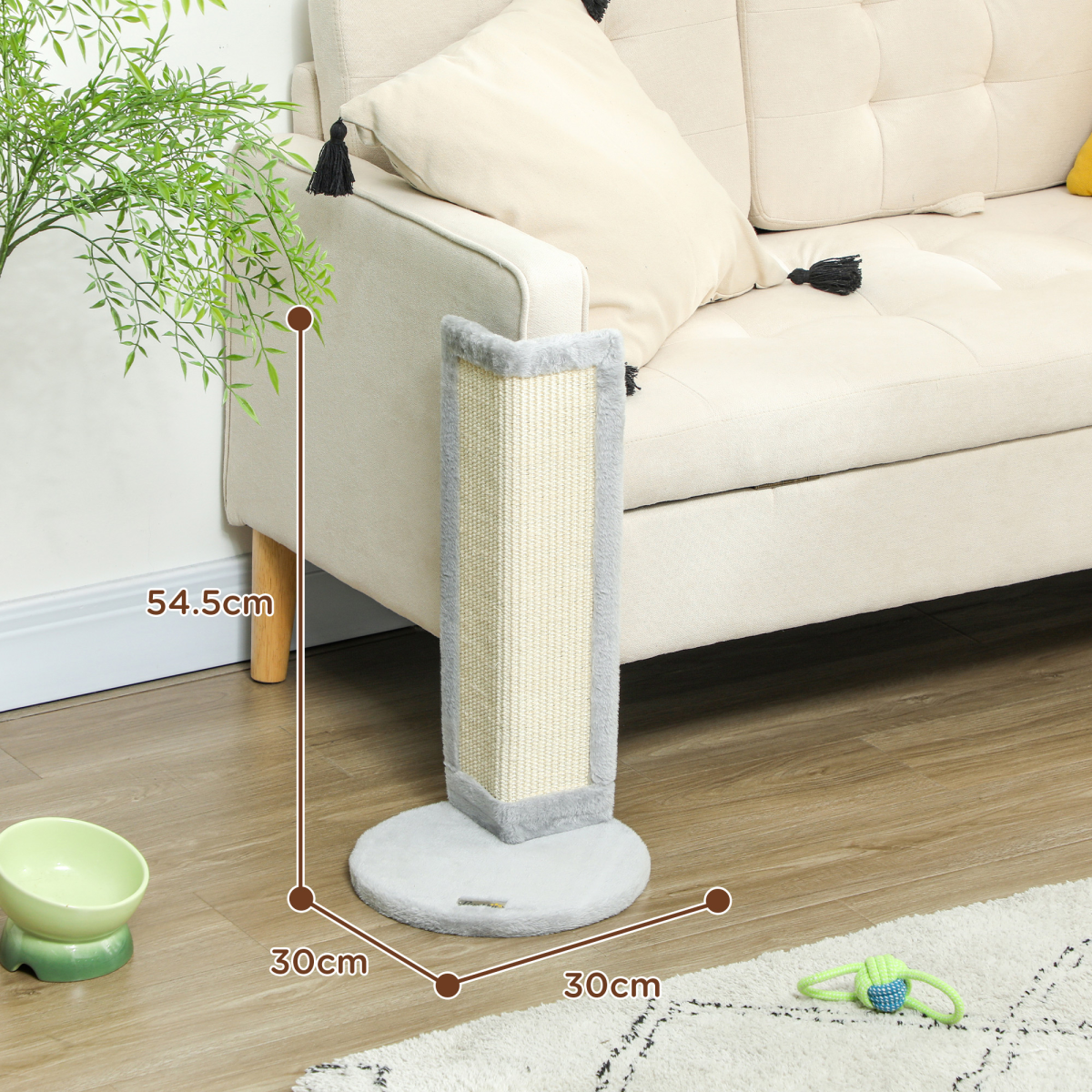 PawHut 56cm Corner Cat Scratching Post with Sisal Scratching Pad & Plush Covering – Space-Saving Scratcher, Grey