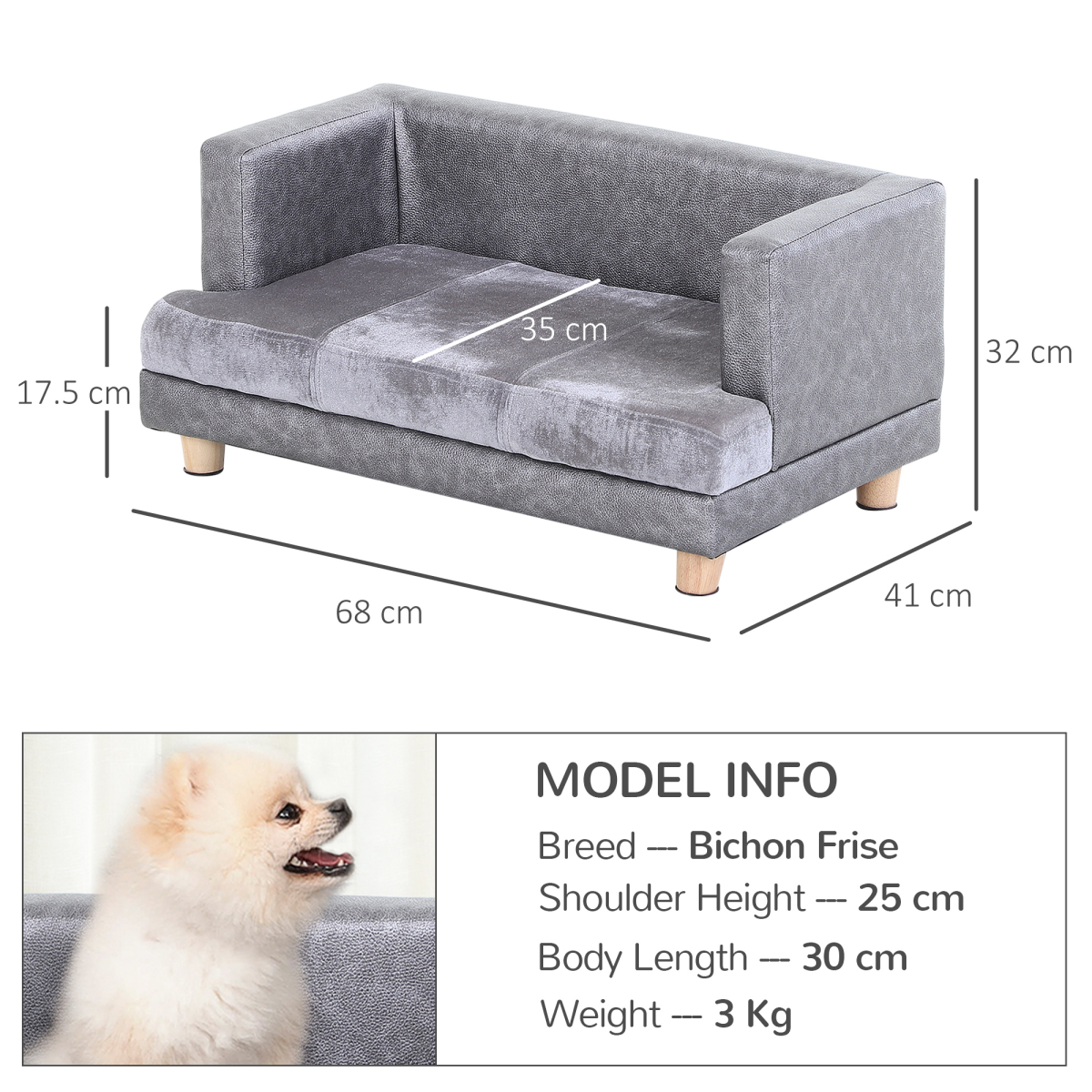 PawHut Pet Sofa Bed for Small Dogs & Cats – Soft Padded Grey Couch with Wooden Frame
