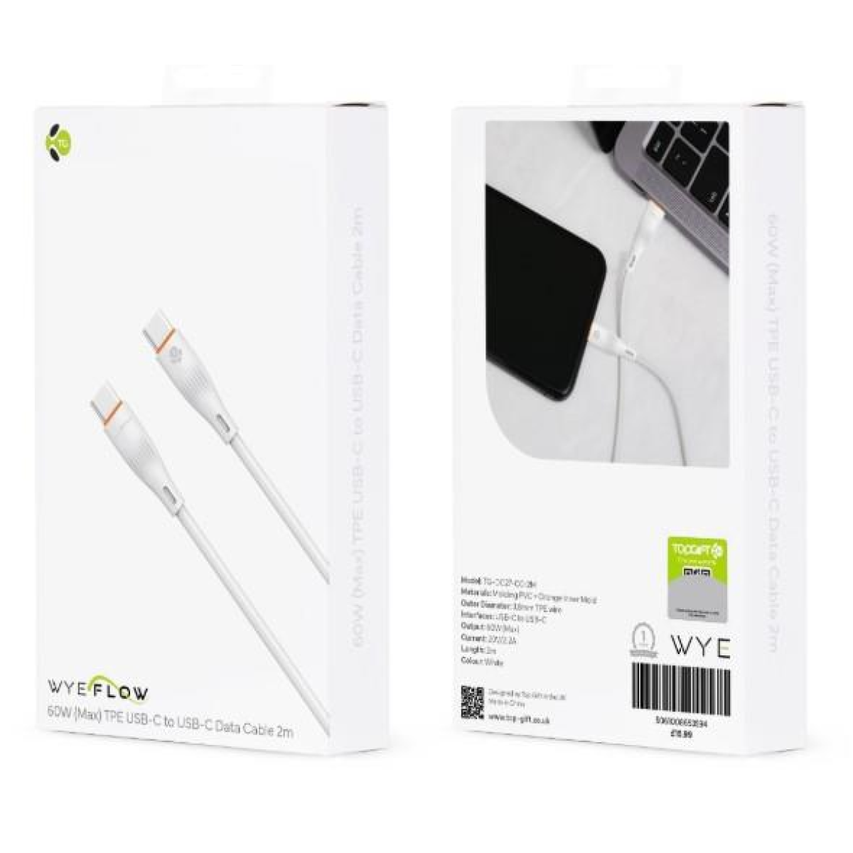 WYEFLOW 60W USB-C to USB-C Data Cable, 2m – Fast Charging TPE Cable, White