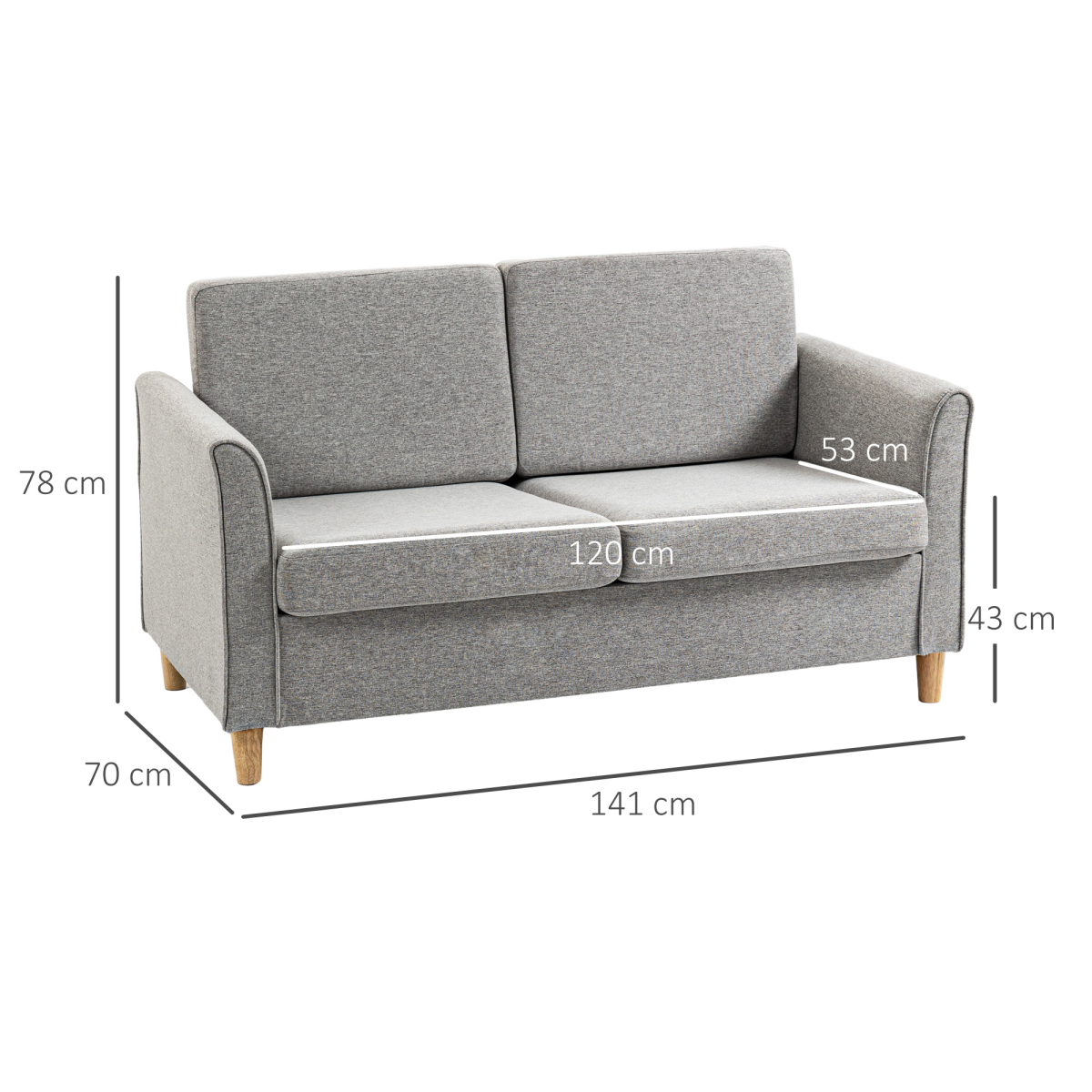 HOMCOM Linen 2 Seater Loveseat Sofa with Padded Armrests – Compact Sofa for Flats & Small Rooms, Light Grey