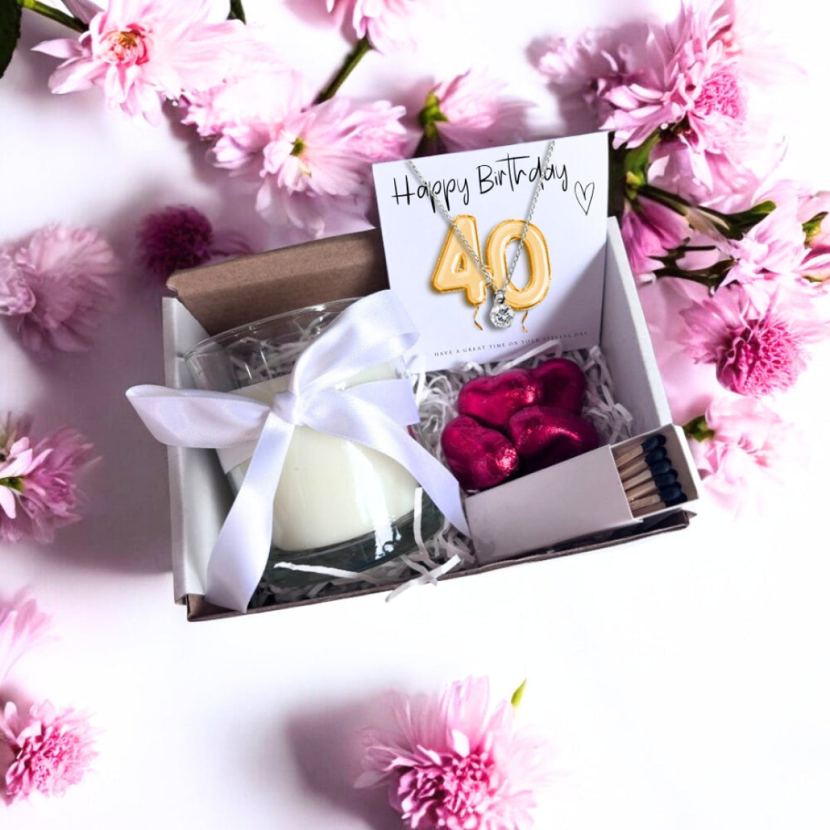 Aye Do Gifts Small 40th Birthday Gold Balloons Hamper with Sterling Silver Charm Necklace, Candle & Chocolates