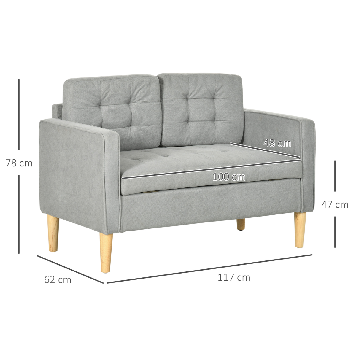 Modern Grey Loveseat Sofa under-seat storage compartment open