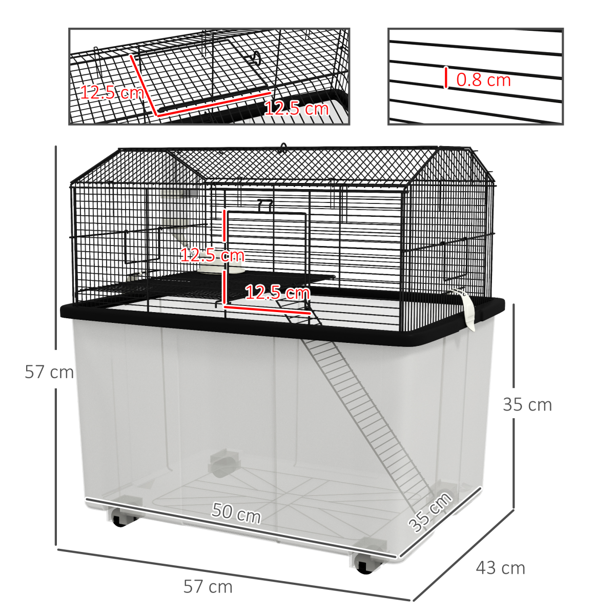 PawHut Two-Tier Hamster Cage with Deep Base, Ramp & Food Dish – Gerbil & Syrian Hamster Home on Wheels, Black