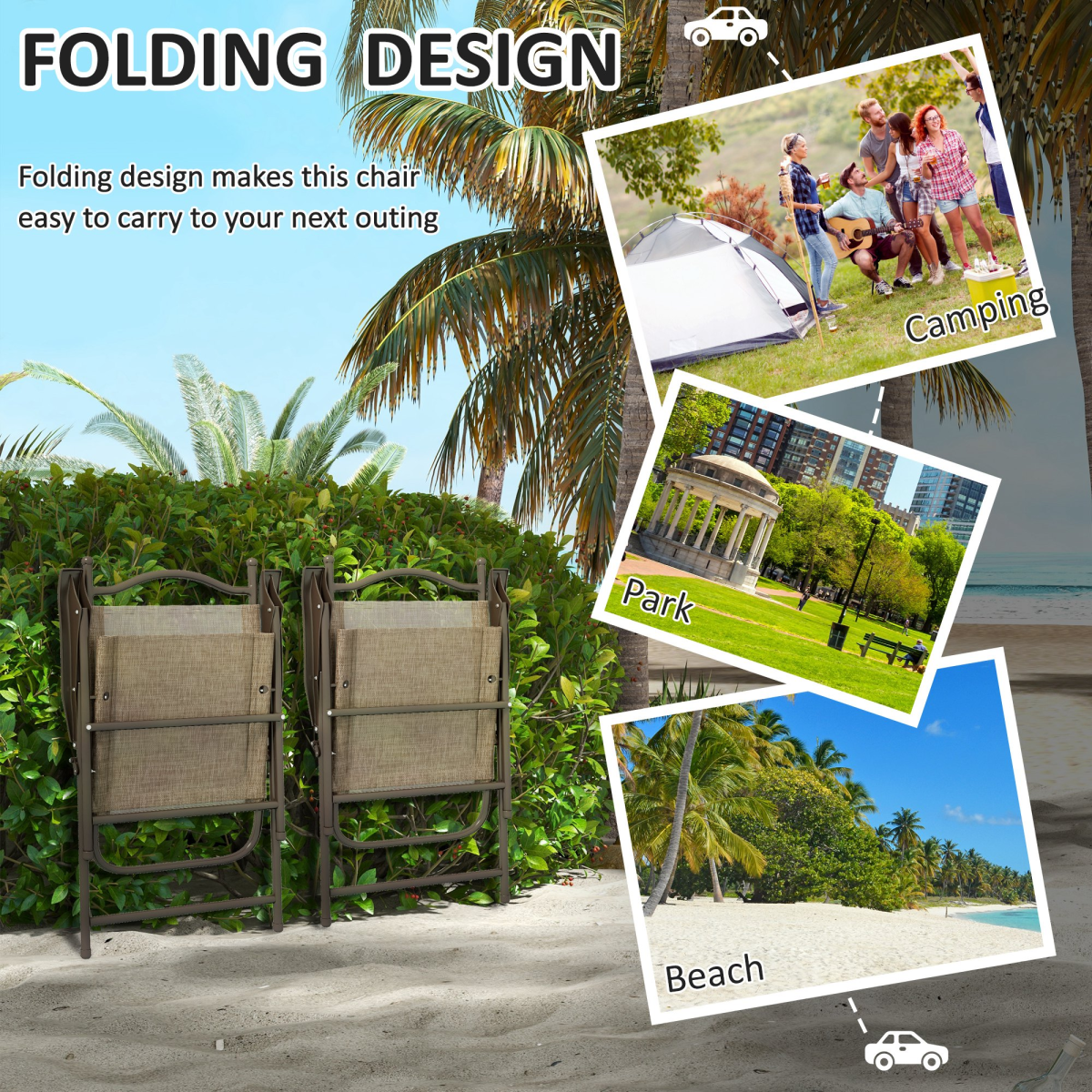 Outsunny Set of 2 Folding Garden Chairs with Breathable Mesh Seats & Powder-Coated Steel Frames, Mixed Brown