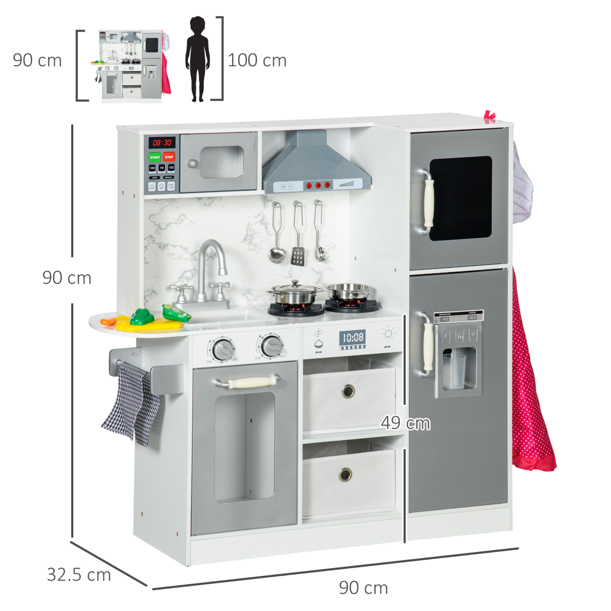 AIYAPLAY Toy Kitchen Playset with Lights, Sounds, Apron & Chef Hat – Kids Role Play Kitchen, White