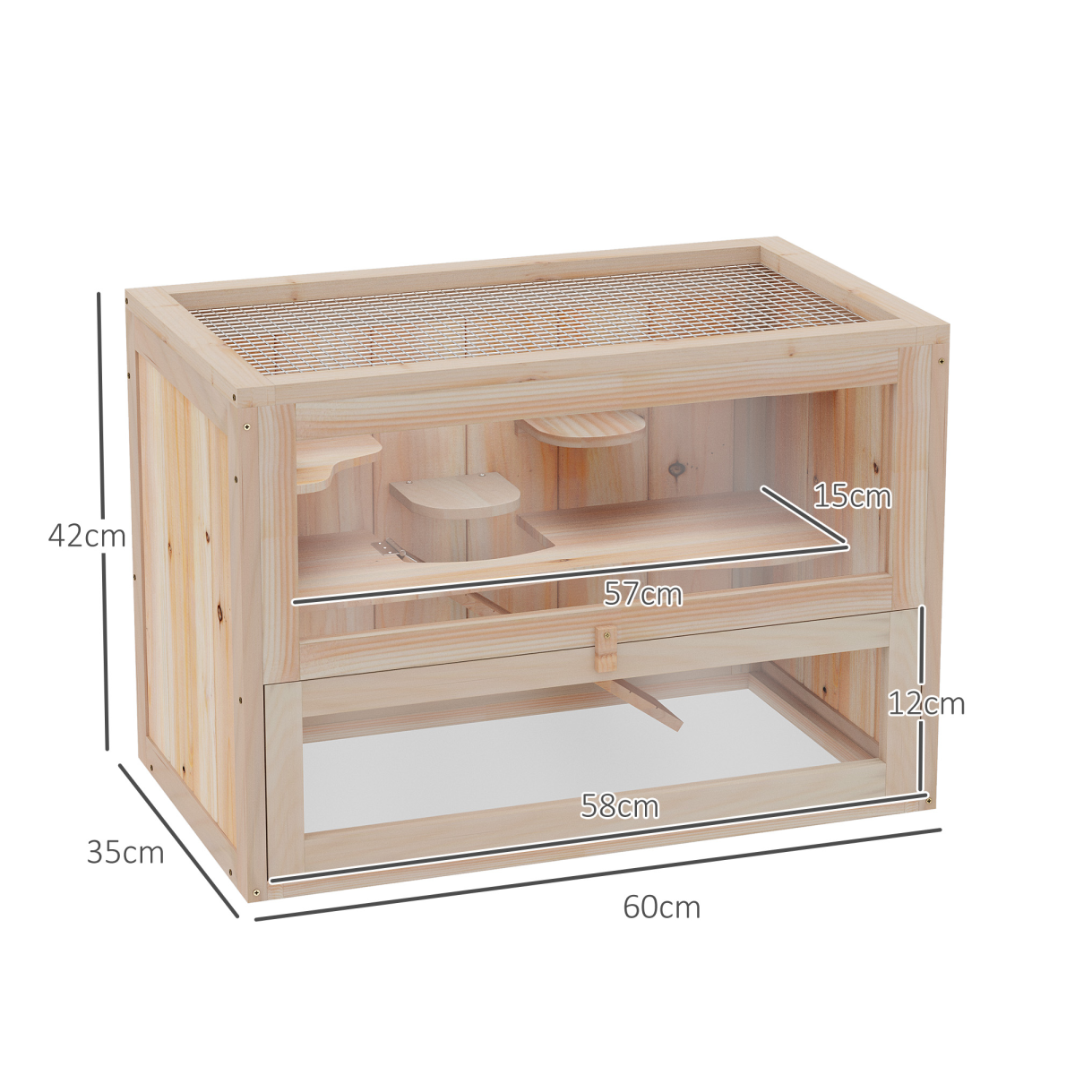PawHut Wooden Hamster Cage with 2 Levels, Openable Mesh Roof & Ramp – Small Animal Hutch, 60 x 35 x 42cm
