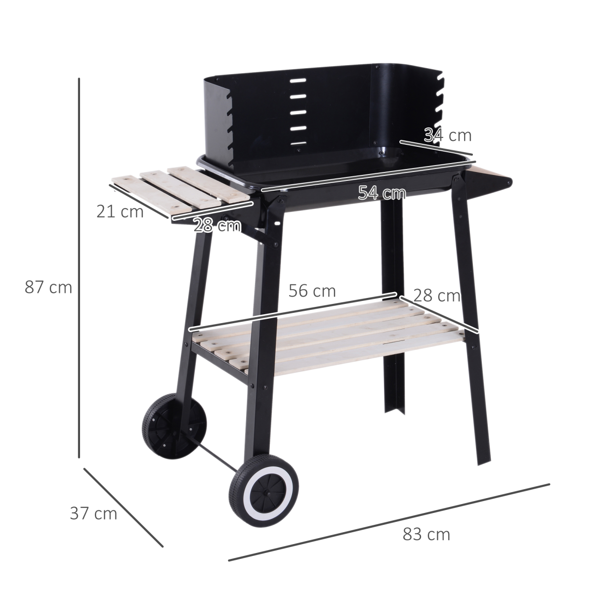 Outsunny Charcoal BBQ Grill with Side Shelf, Wind Shield & Wheels – Enamel Coated, 87 x 45 x 83cm, Black