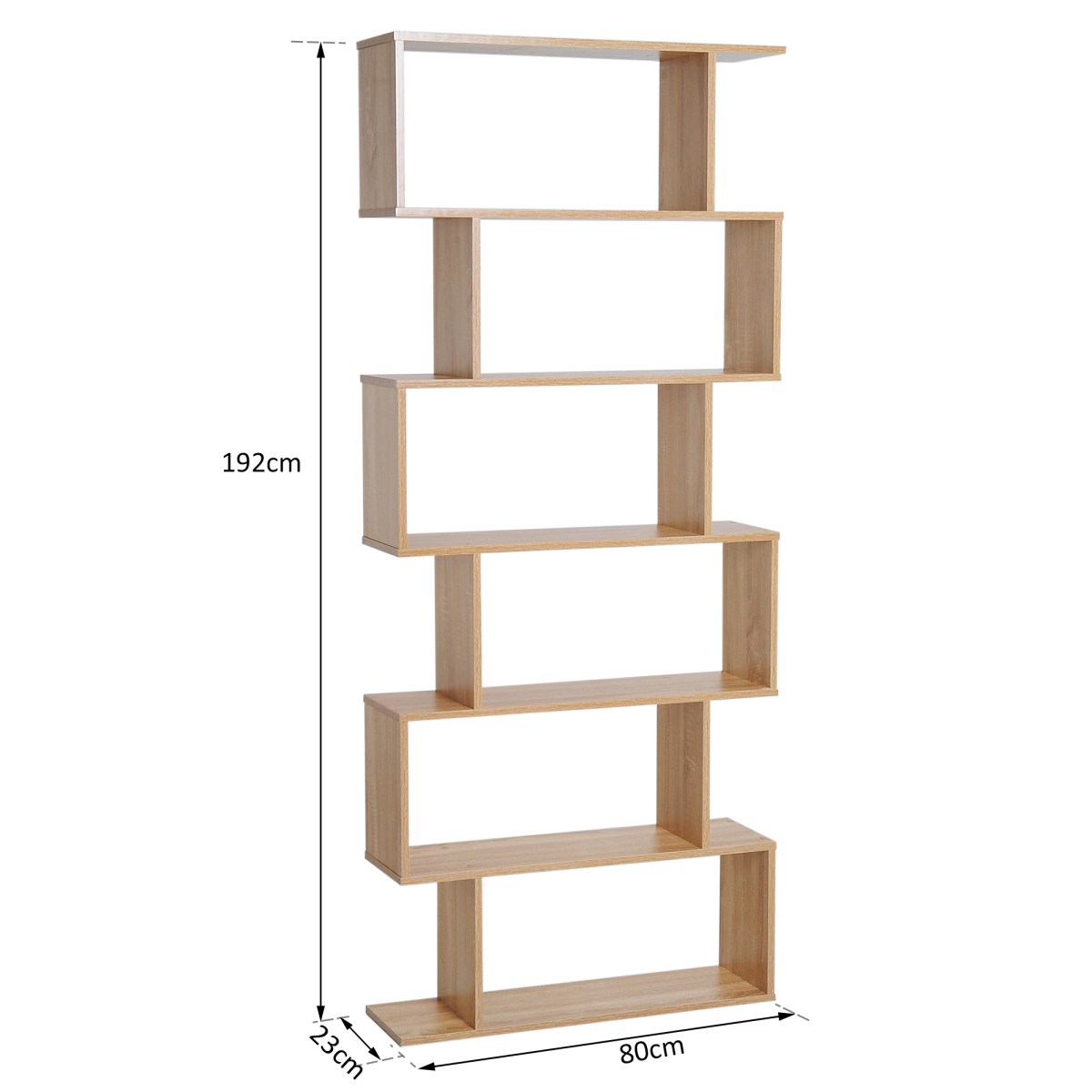 6-Tier Modern S-Shaped Wooden Shelf Storage Unit – Bookcase & Display Cabinet for Home Office, Oak Colour