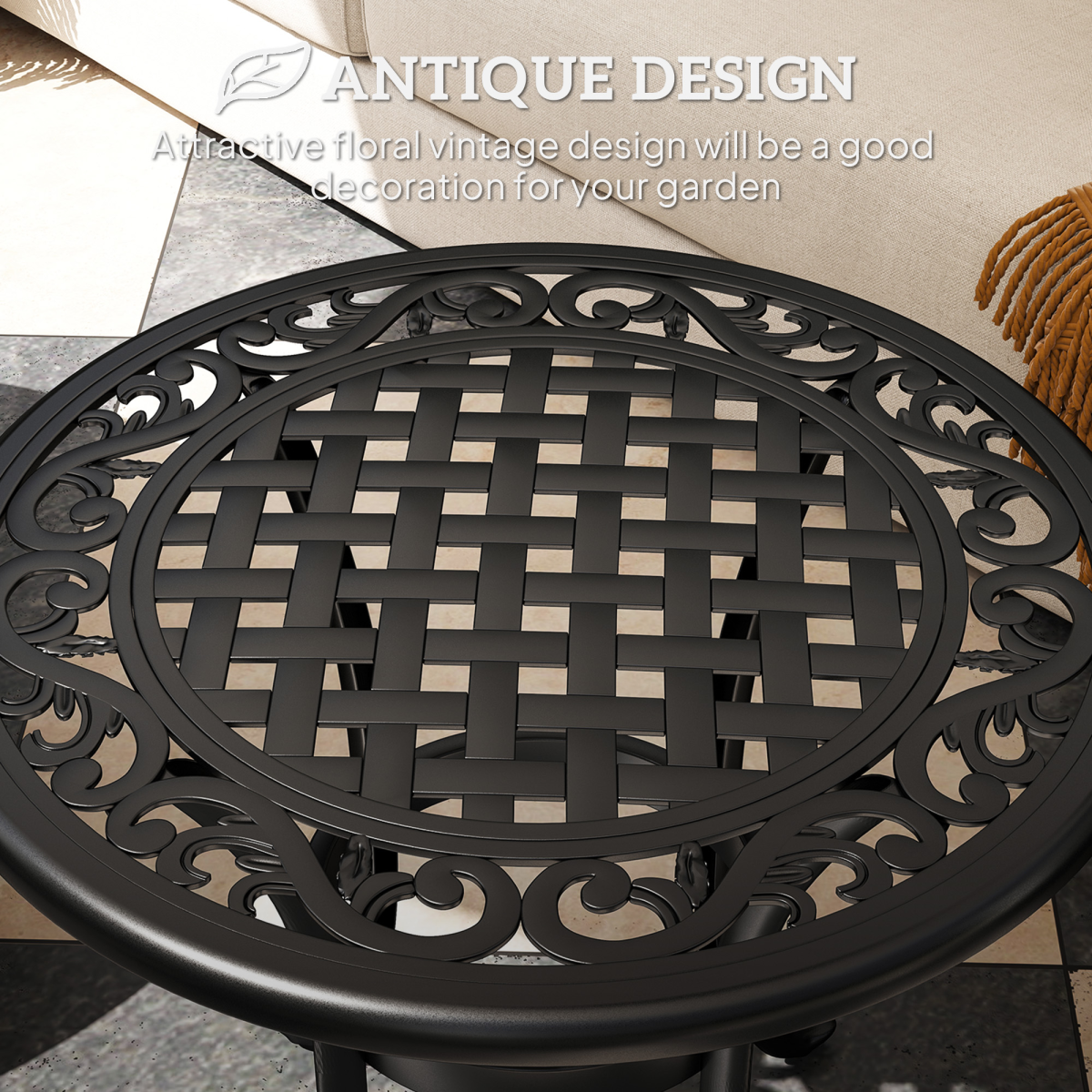 Outsunny Cast Aluminium Garden Side Table with Adjustable Footpads, 60kg Capacity – Outdoor Patio Table, Black