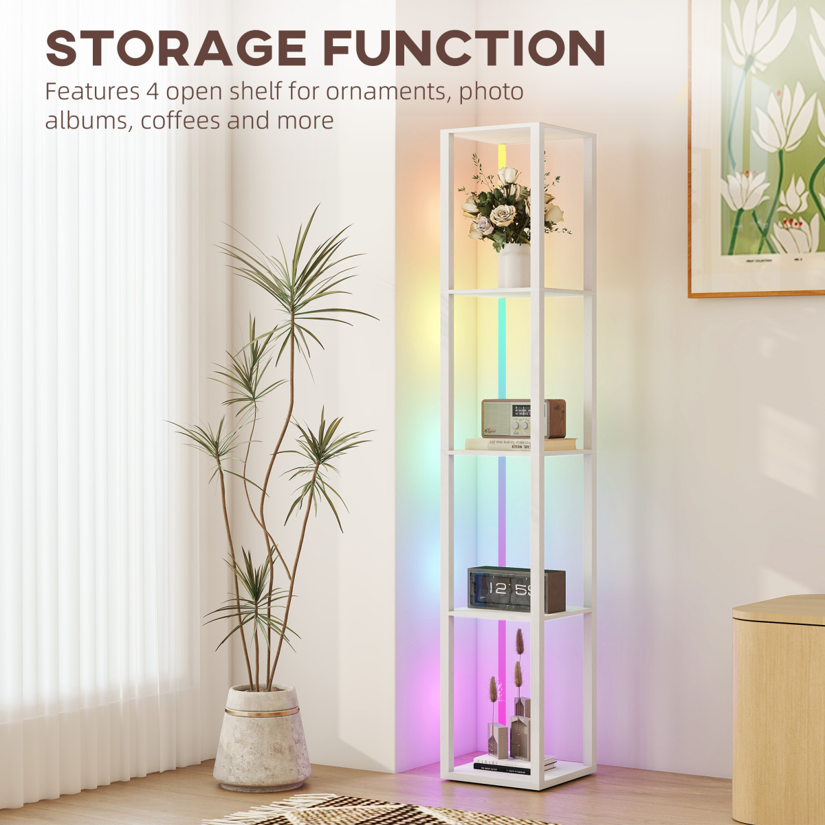 Bathroom Storage Cabinet with RGB LED Lighting and Four-Tier Shelves – Colour-Changing Ambient Glow, White
