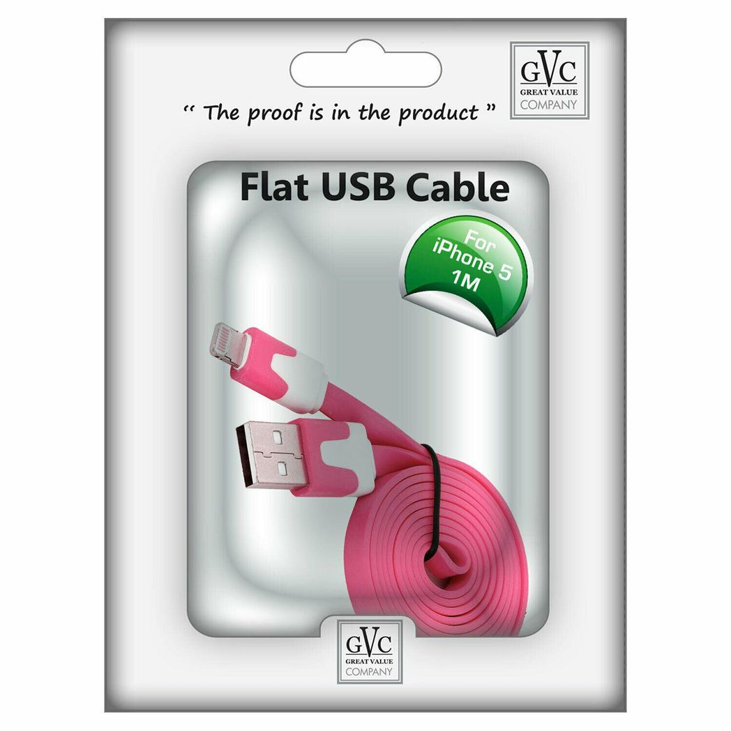 GVC 1m Tangle-Free Flat USB to 8 Pin Cable – Sync and Charge Your Phone, Pink
