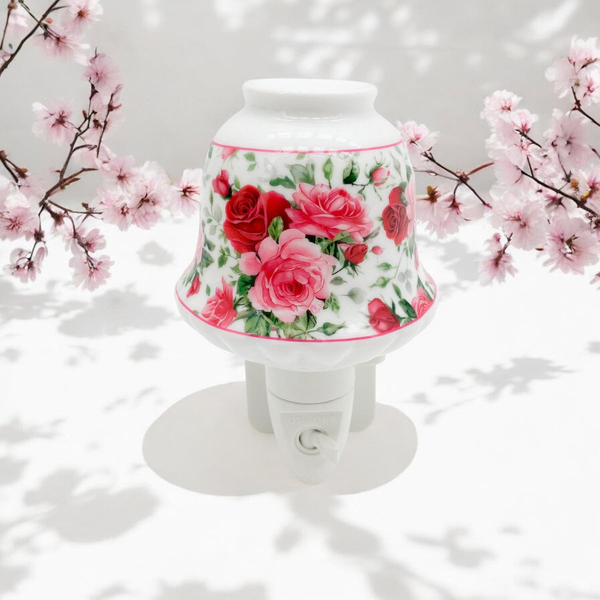 Ceramic Plug-In LED Night Light with Colourful Floral Design – Decorative Bedroom and Hallway Light, Pink