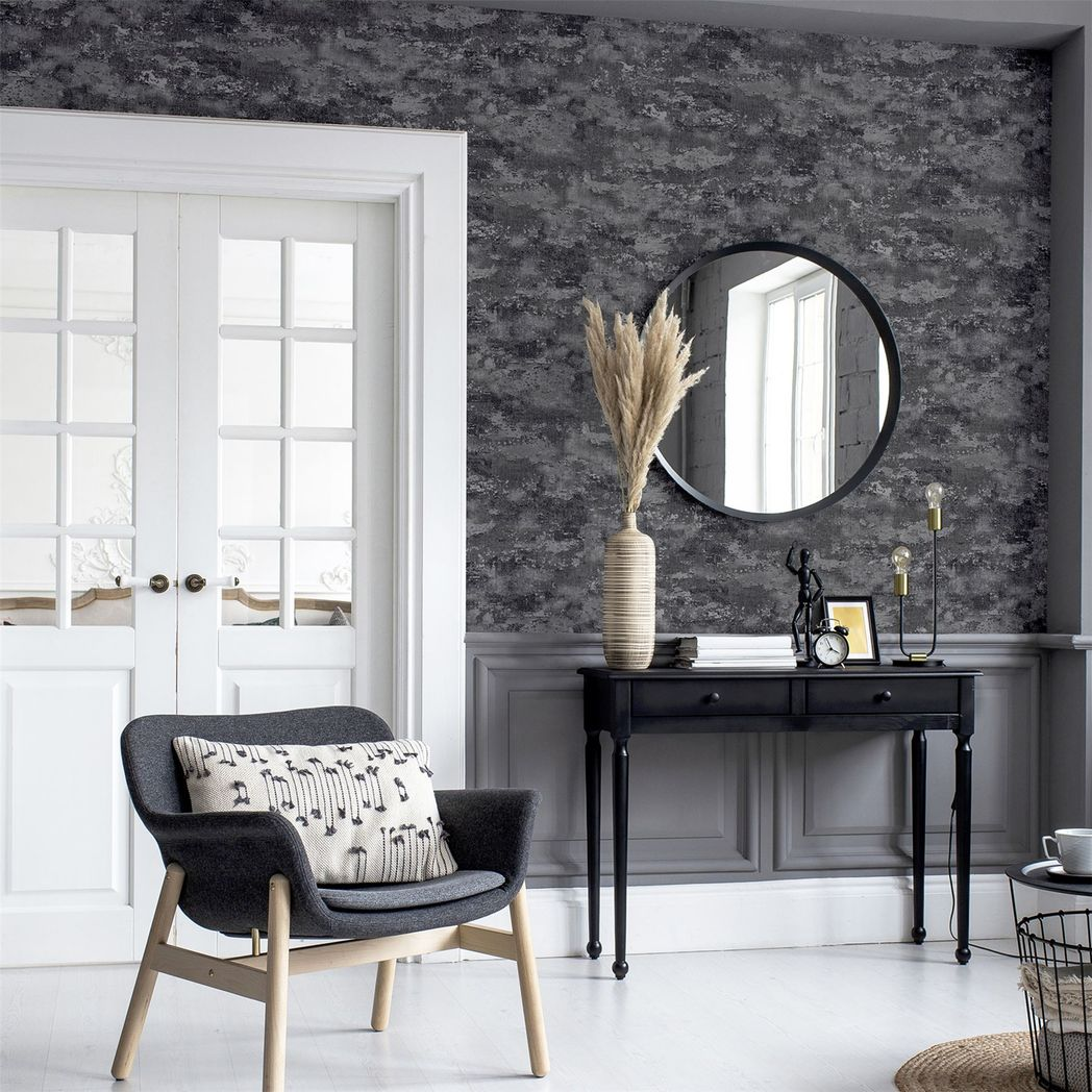 Arthouse Patina Heavyweight Vinyl Wallpaper with Metallic & Glitter Effects – Textured Design, Charcoal/Silver