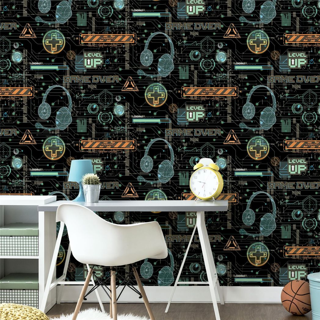 Arthouse Gamer Wallpaper with Video Glitch Graphics & Neon Signs – Paste the Paper Games Room, Multicolour