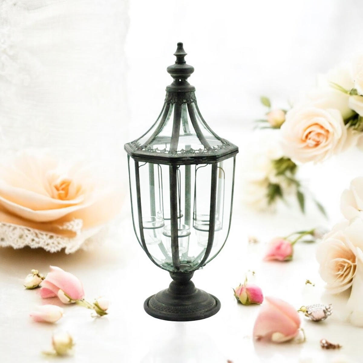 MSL 77cm Grey Metal Candle Lantern with Glass Panels – Antique Weather-Resistant Garden & Patio Light Holder