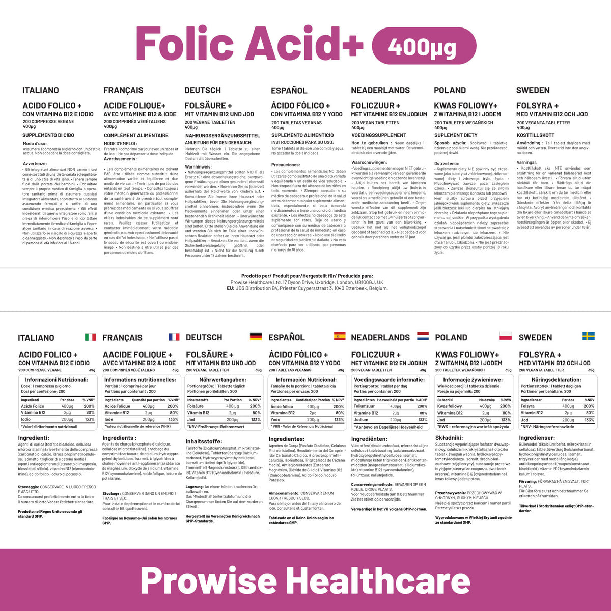 Prowise Folic Acid 400mcg Vitamin B9 Tablets – 400 Vegan Tablets, Over a Year's Supply, Made to GMP Guidelines