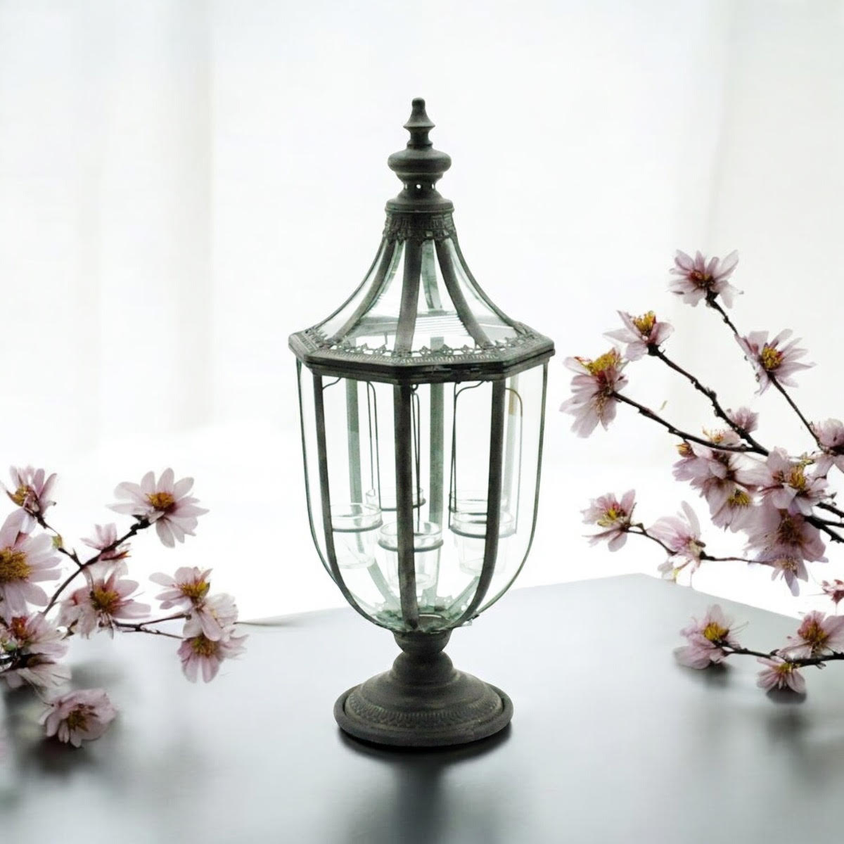 77cm Metal & Glass Candle Lantern – Antique Style Garden Lantern for Patio & Pathways