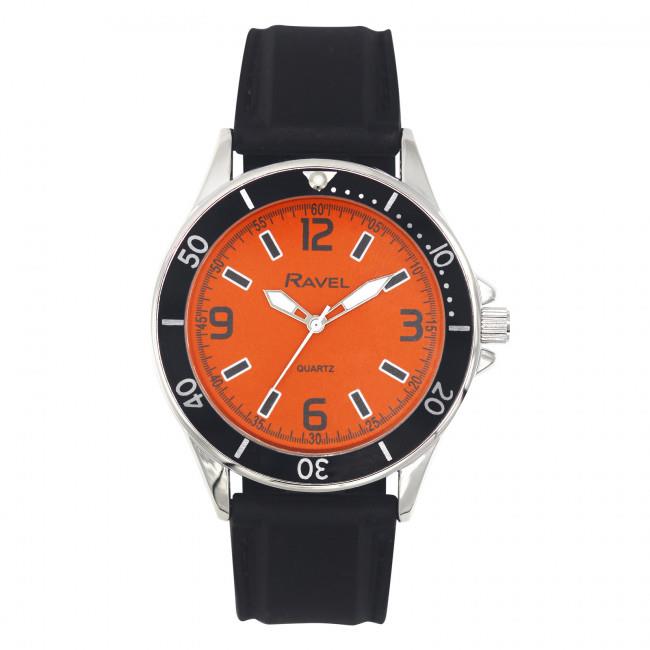 Ravel Men's Sports Watch – Orange Dial, Black Silicone Strap