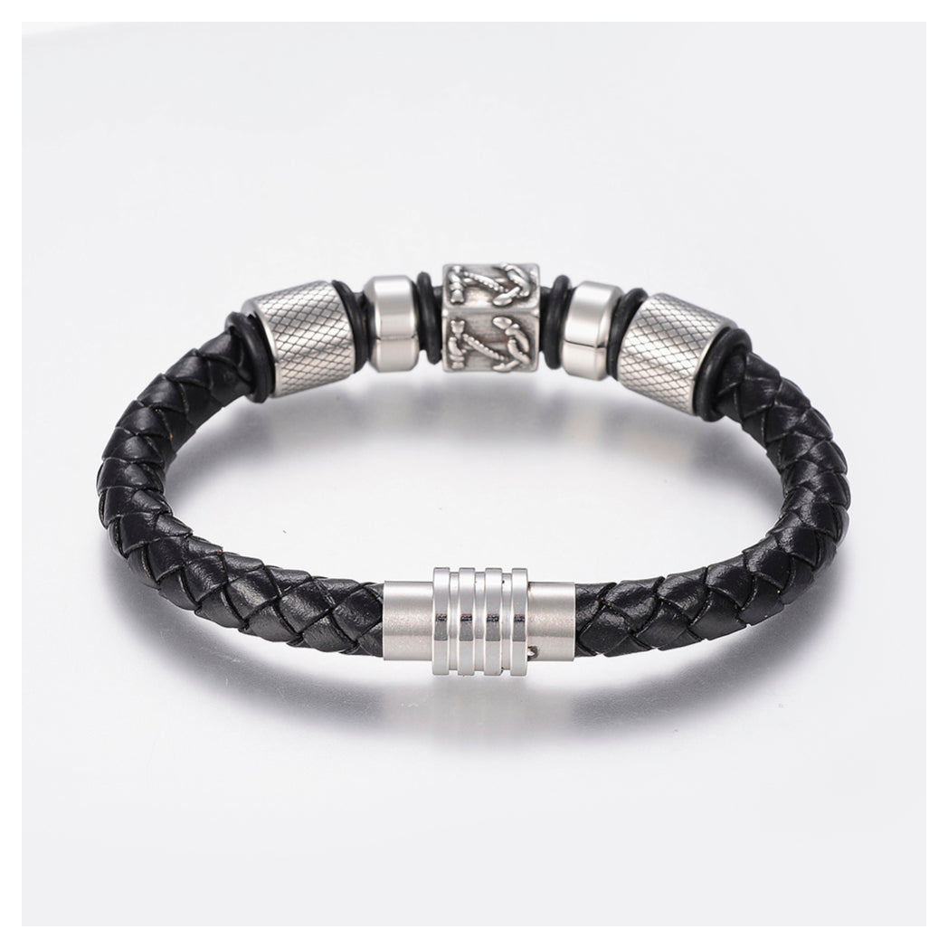 Aye Do Gifts Men's Nautical Faux Leather Bracelet – Silver Beads, Magnetic Clasp
