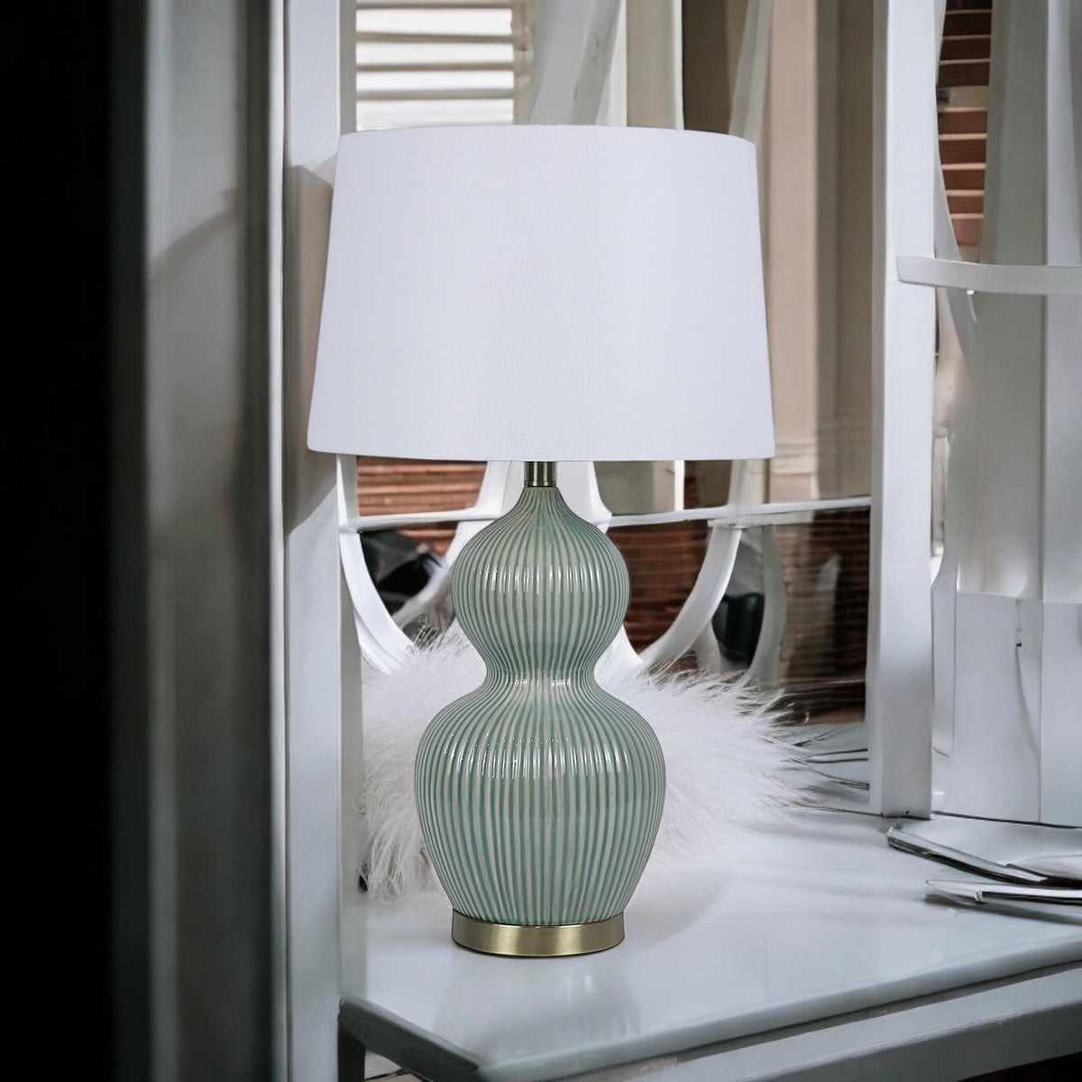 Cream Ceramic Table Lamp with Striped Base and Handmade Pleated Drum Shade – 3 Layer, 59cm Shade, Living Room or Hallway