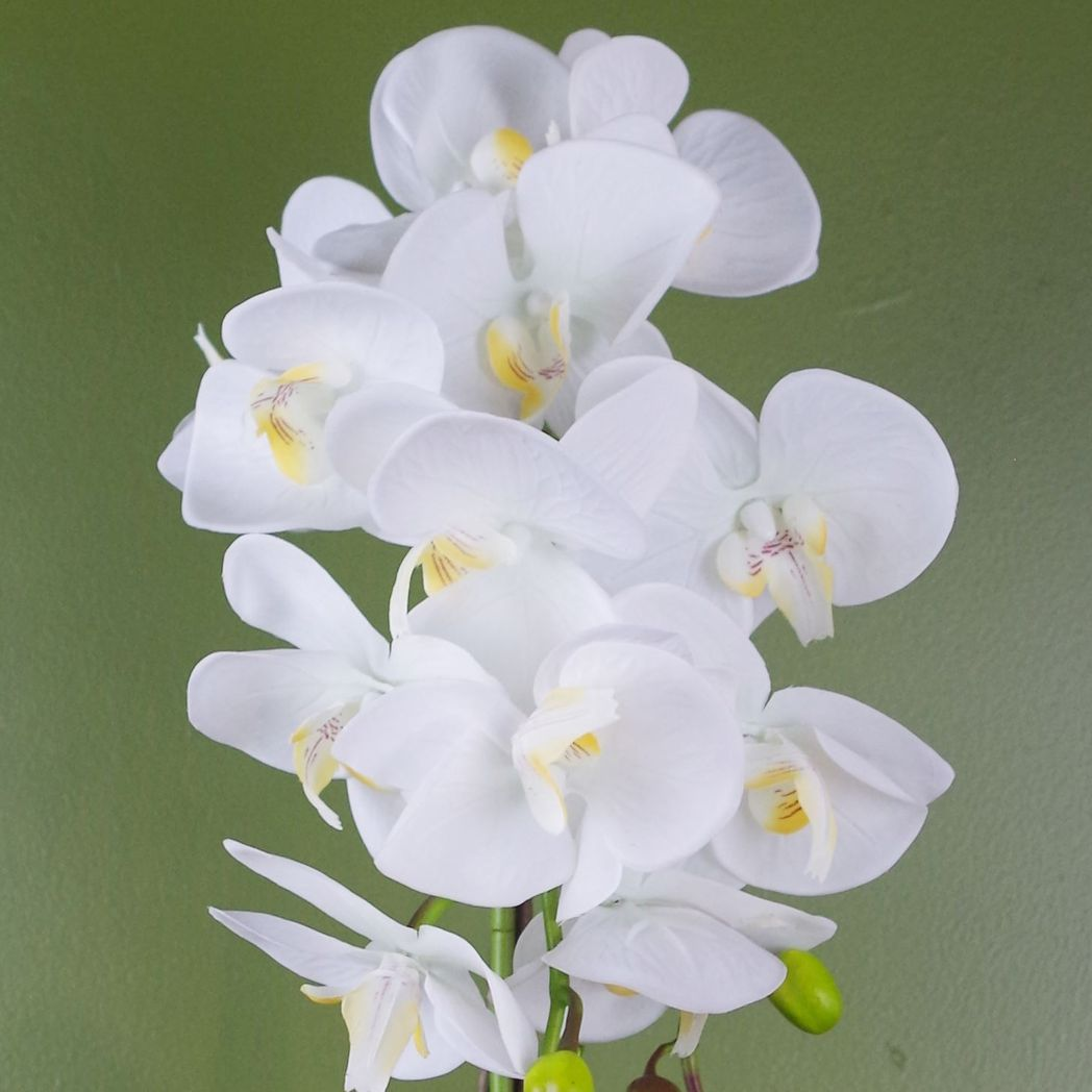 Large Artificial Orchid, 52cm with 14 Realistic Flowers & Real Touch Leaves – Gold Decorative Pot, White