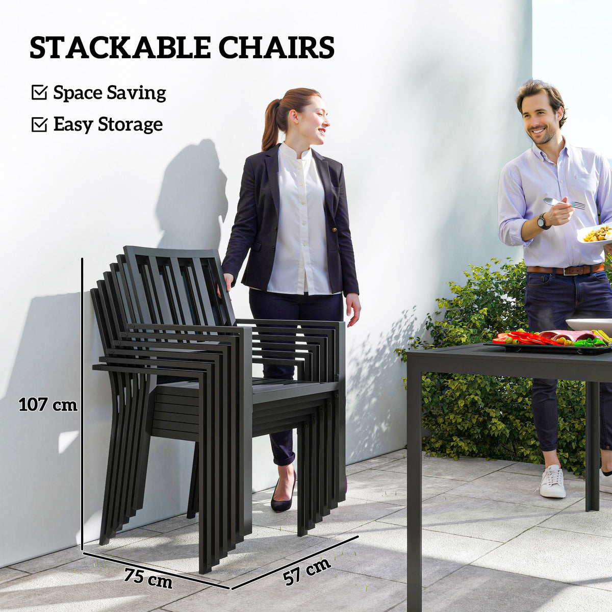 Outsunny 7-Piece Garden Dining Set with 6 Stackable Armchairs & Metal Table – Umbrella Hole, Black