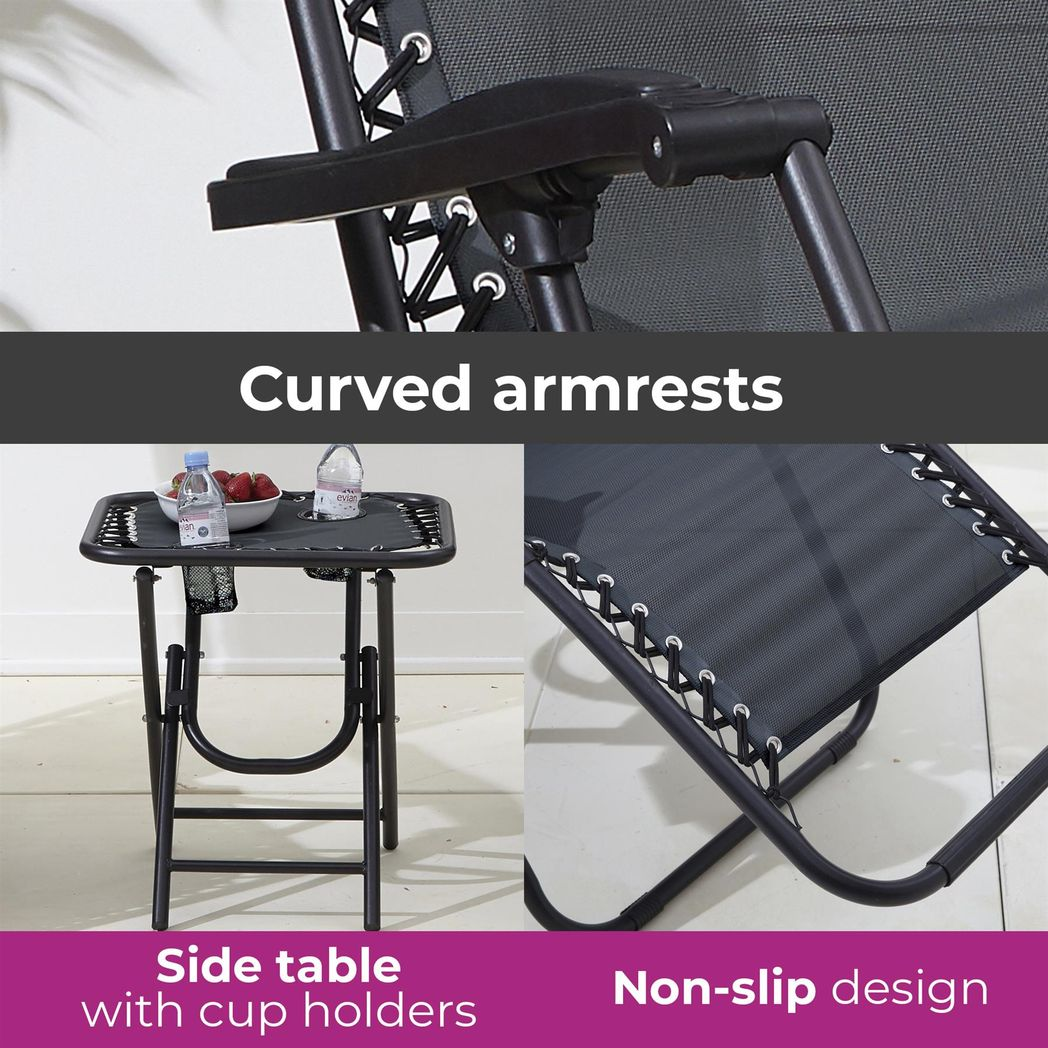 Neo 3-Piece Zero Gravity Chair Set with Side Table & Cup Holder – Folding Garden Loungers, Black