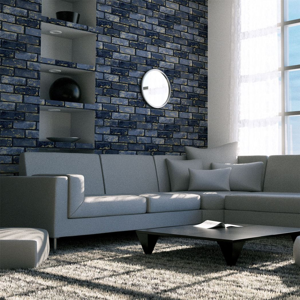 Arthouse Metallic Brick Wallpaper with Gold Highlights – Paste the Paper Feature Wall Covering, Navy and Gold