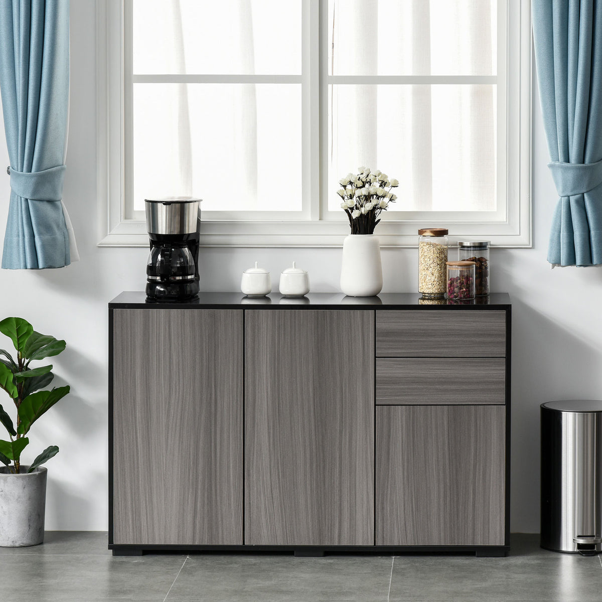 Gloss & Matte Side Cabinet with 2 Doors & 2 Drawers – Home Office Storage, Grey & Black