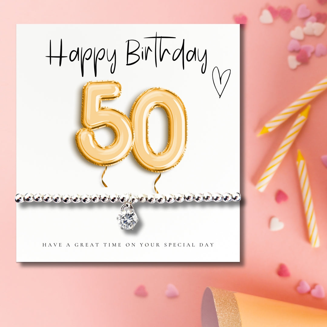 50th Birthday Gift Hamper – Cubic Zirconia Charm Bracelet, Milk Chocolates & Linen Scented Candle