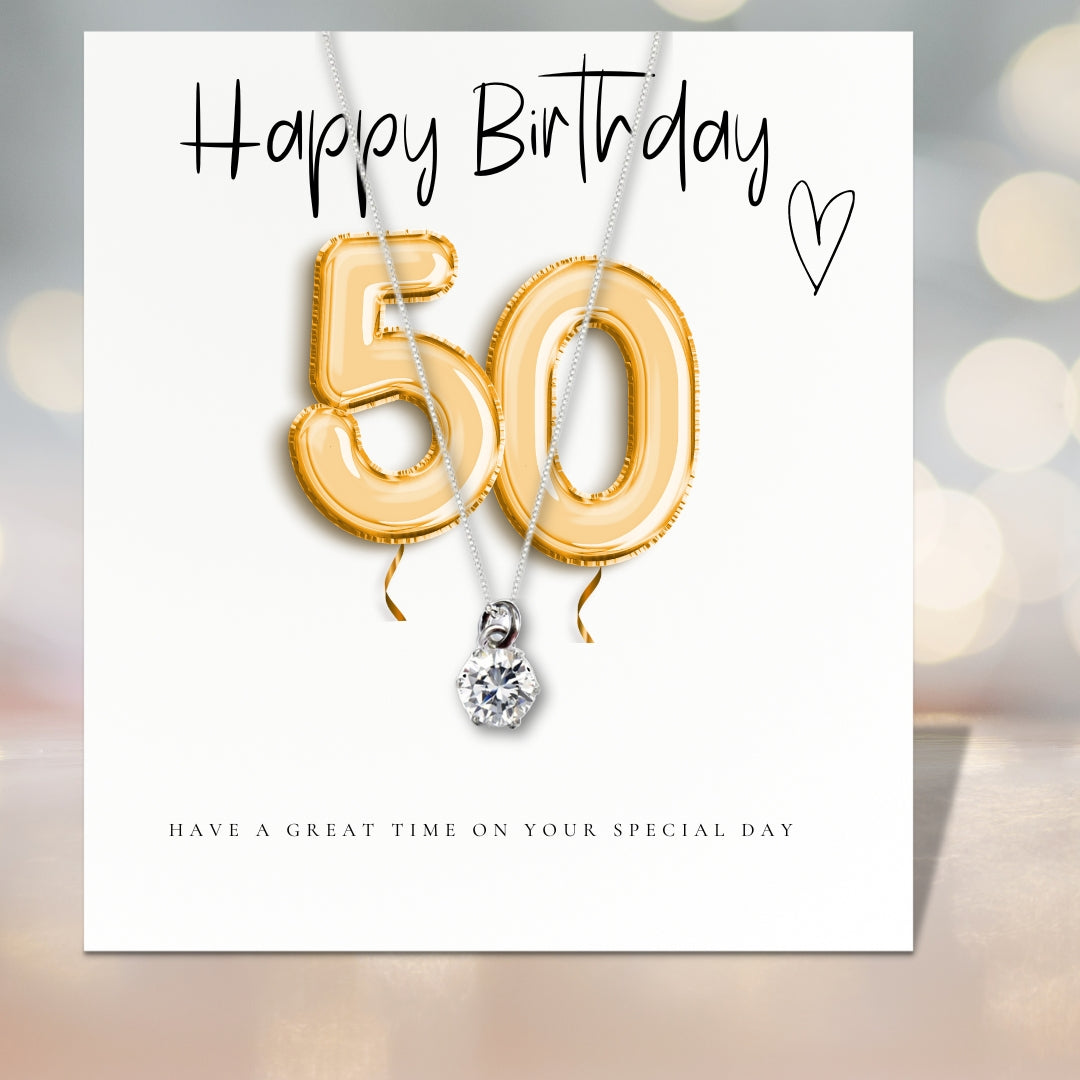 50th Birthday Gift Hamper – Cubic Zirconia Sterling Silver Necklace, Milk Chocolates & Linen Scented Candle