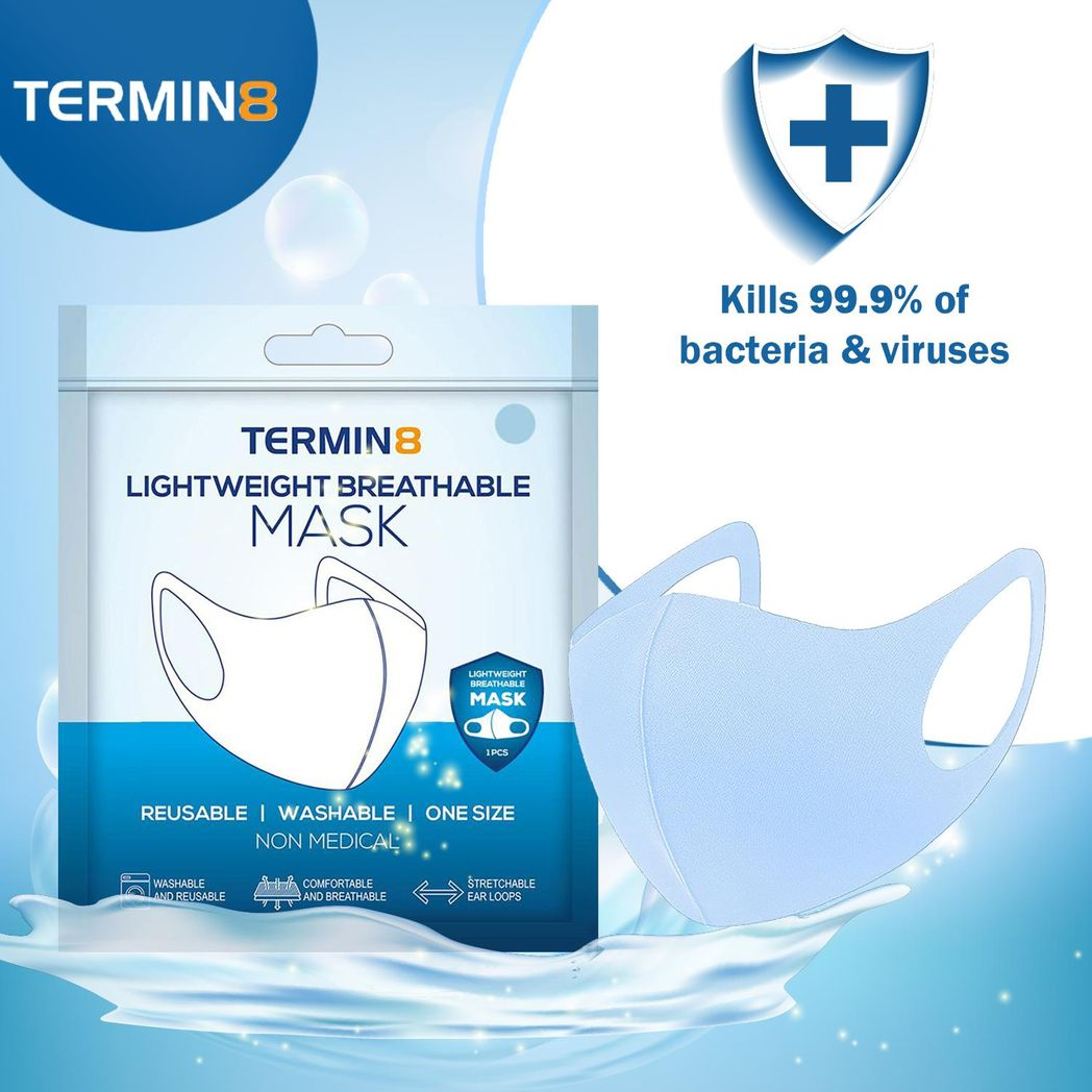 Termin8 Water Repellent Reusable Face Mask with Double Layer & Stretchy Earloops – Adult/Teen, Blue