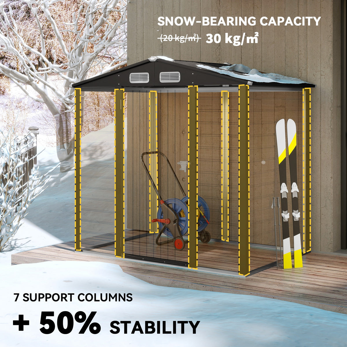 Outsunny 6.2 x 4.3ft Galvanised Steel Garden Shed with Vents & Sloped Roof – Outdoor Tool Storage, Oak