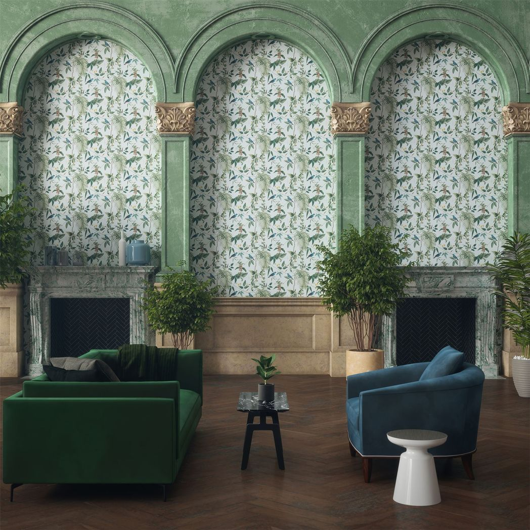 Arthouse Exotic Garden Wallpaper with Birds, Flowers and Foliage – Vintage Botanical Print, Blue