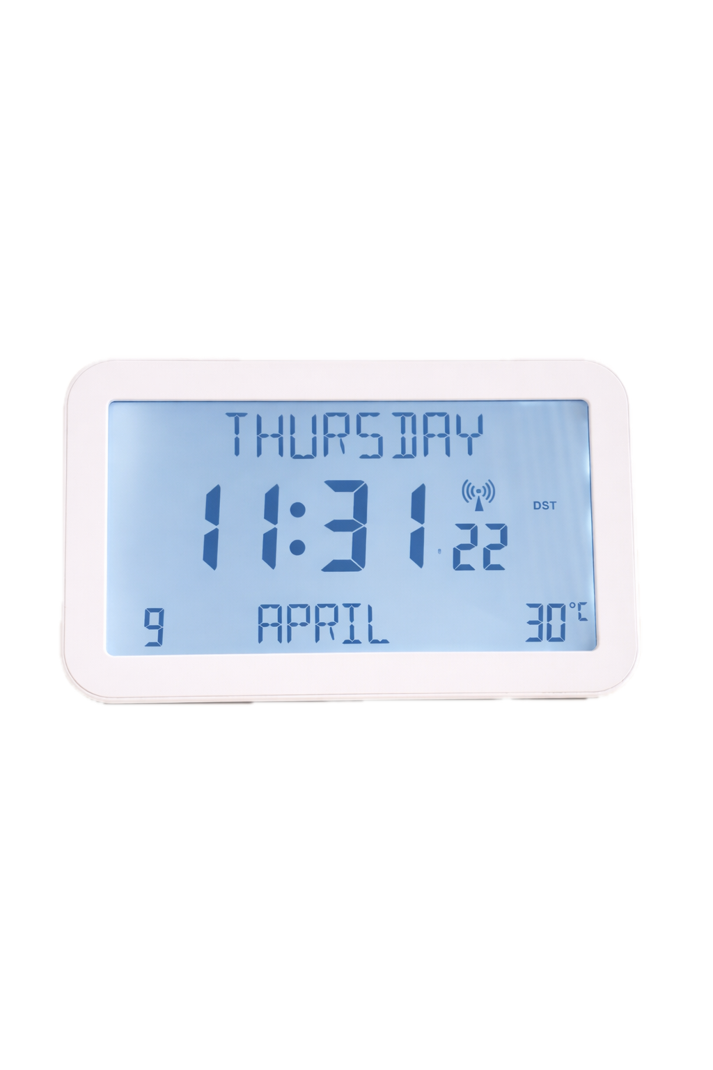 Avilo Backlit Full Disclosure Radio Controlled Clock with Easy-Read 2.5cm Digits – 6 Languages, White