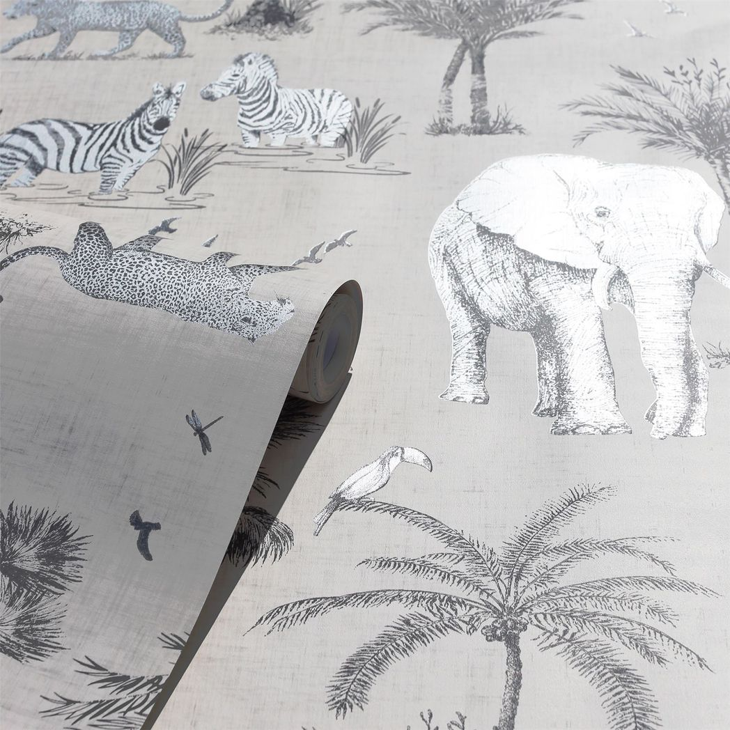 Arthouse Safari Lagoon Wallpaper with Hand-Drawn Safari Animals & Palm Trees – Linen-Look Feature Wall, Grey