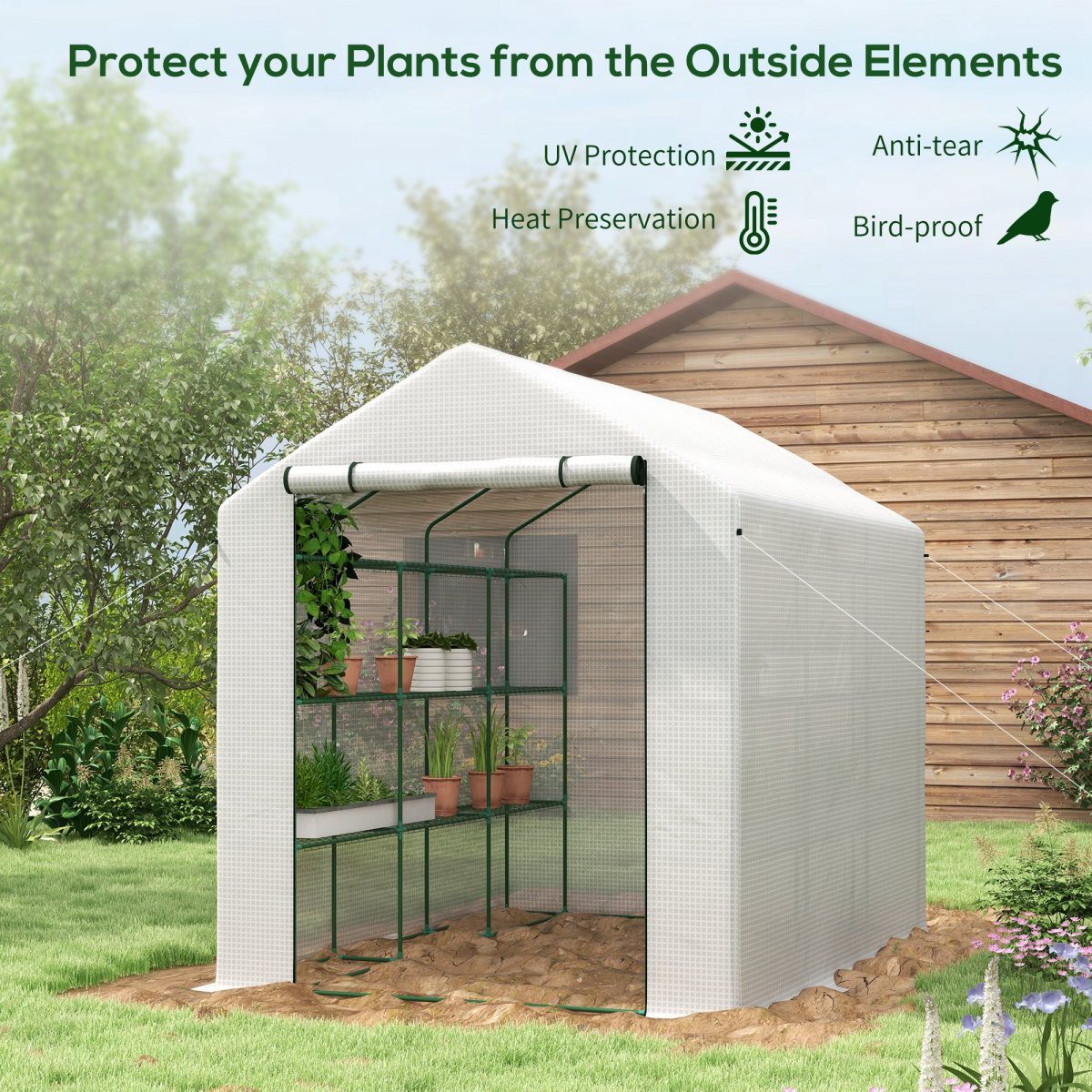 Outsunny Walk-In Greenhouse Polytunnel with Roll-Up Door & 3-Tier Shelves – 244 x 180 cm, Reinforced PE Cover