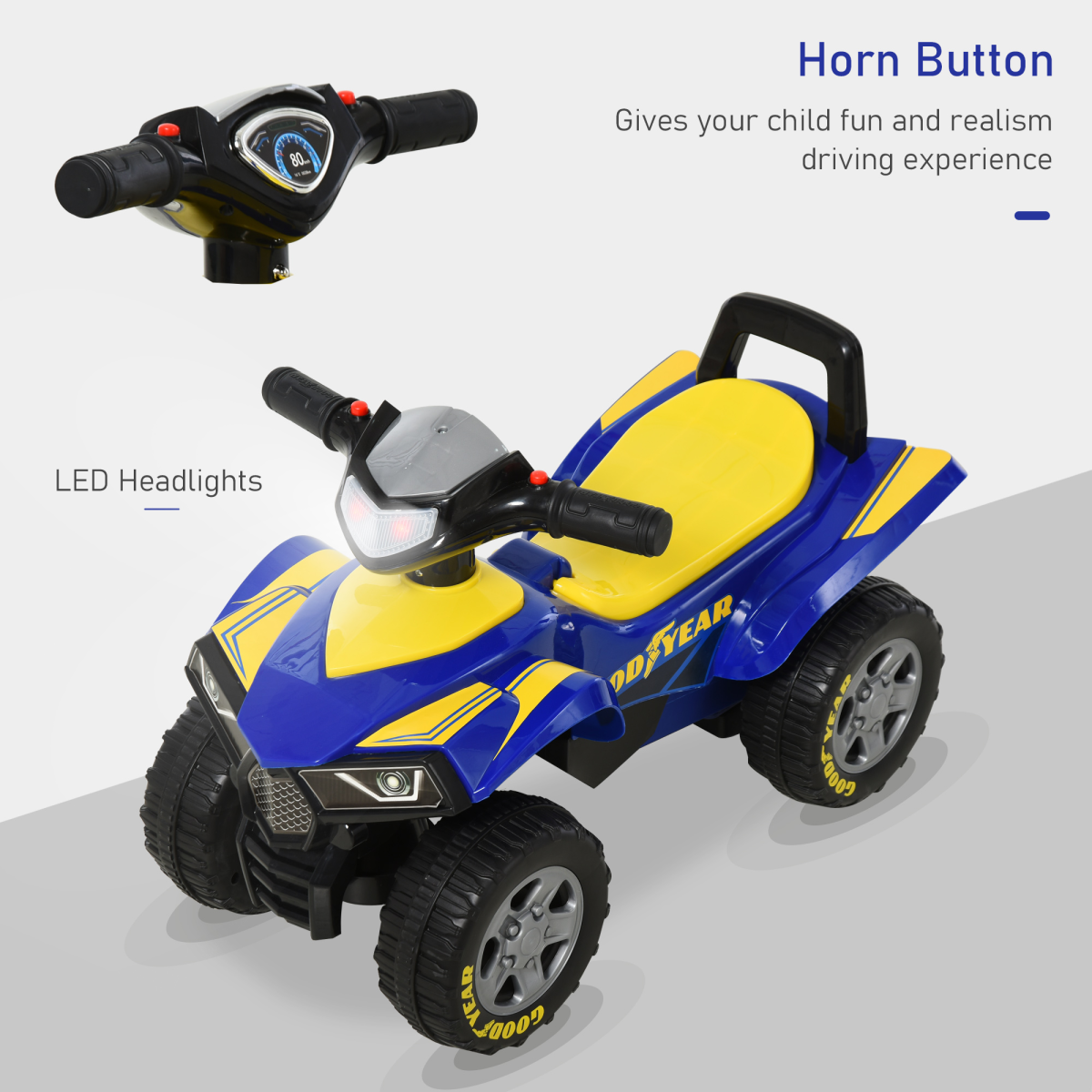 HOMCOM Goodyear Baby Quad Ride-On Walker with Lights, Horn & Storage – Sliding Toy for 18-36 Months, Blue and Yellow