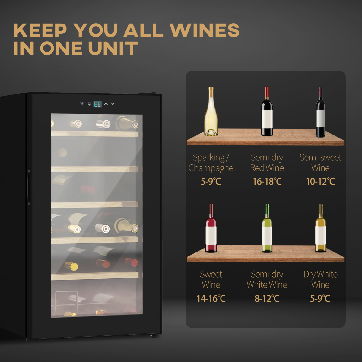 HOMCOM 24 Bottle Wine Fridge with Glass Door, Touch Screen Control & LED Light – Freestanding Wine Cooler
