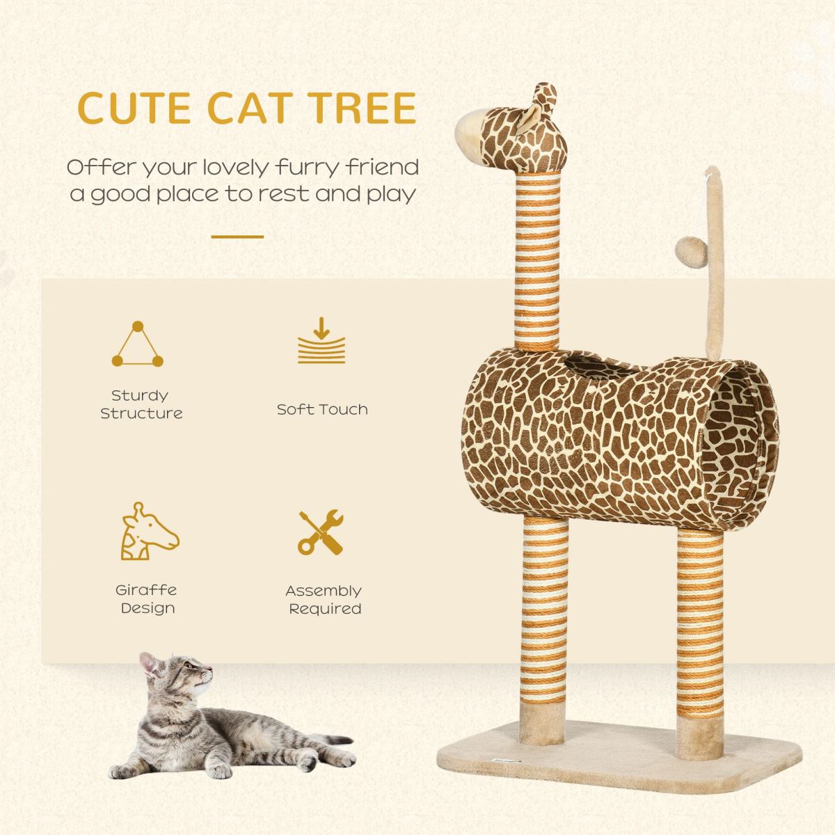 PawHut Giraffe Cat Tree with Jute Scratching Posts, Tunnel & Hanging Ball – Kitten Play Tower