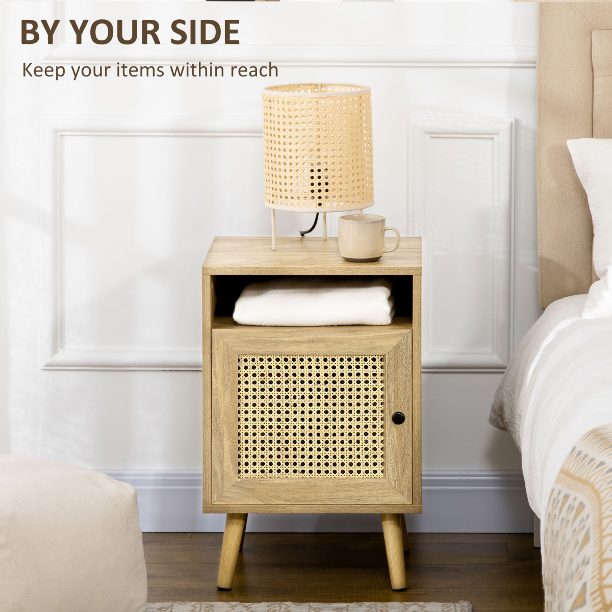HOMCOM Rattan Bedside Table with Cabinet & Open Shelf – Boho Storage for Bedroom or Living Room