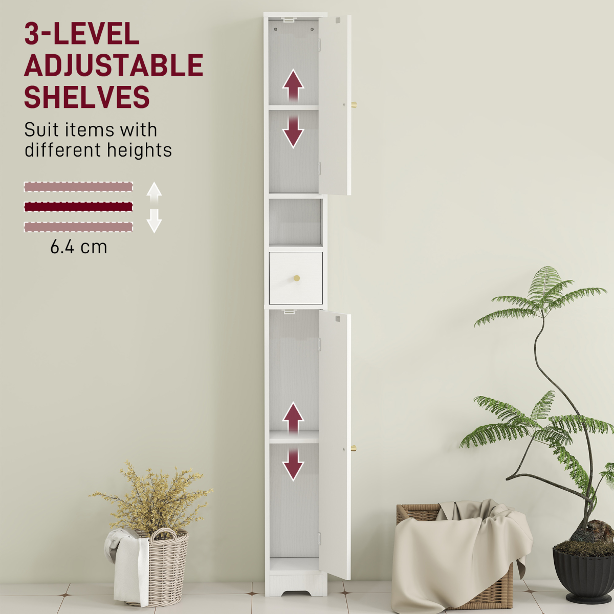 HOMCOM 20cm Slim Bathroom Storage Cabinet with Arched Doors, Drawer & Adjustable Shelves, White