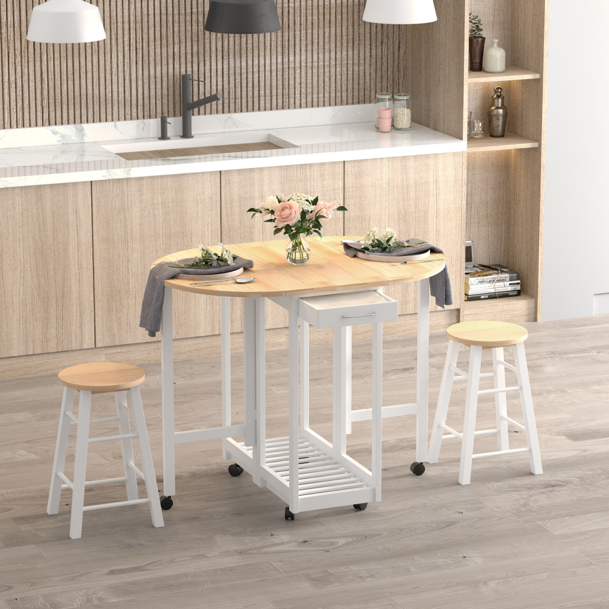 3-Piece Wooden Kitchen Cart with 2 Folding Stools, Drawers & Castor Wheels – Breakfast Bar Set for Small Kitchens
