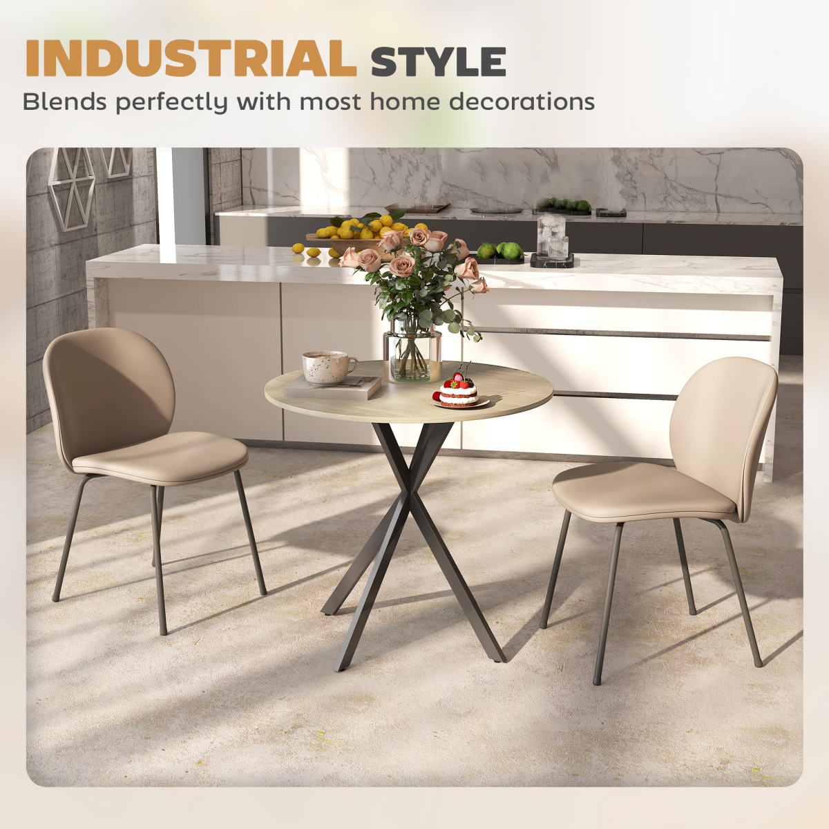 HOMCOM 80 cm Round Dining Table with Steel Cross Legs – Industrial Kitchen Table, White Oak Effect